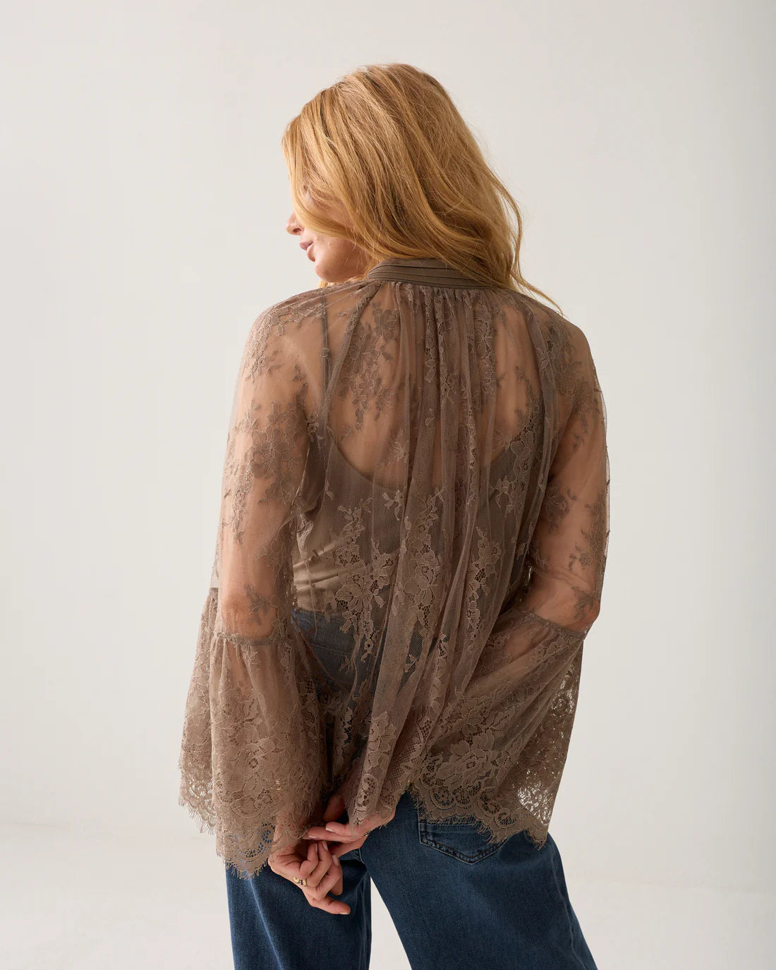 Lace Top with Flounced Sleeves in Taupe