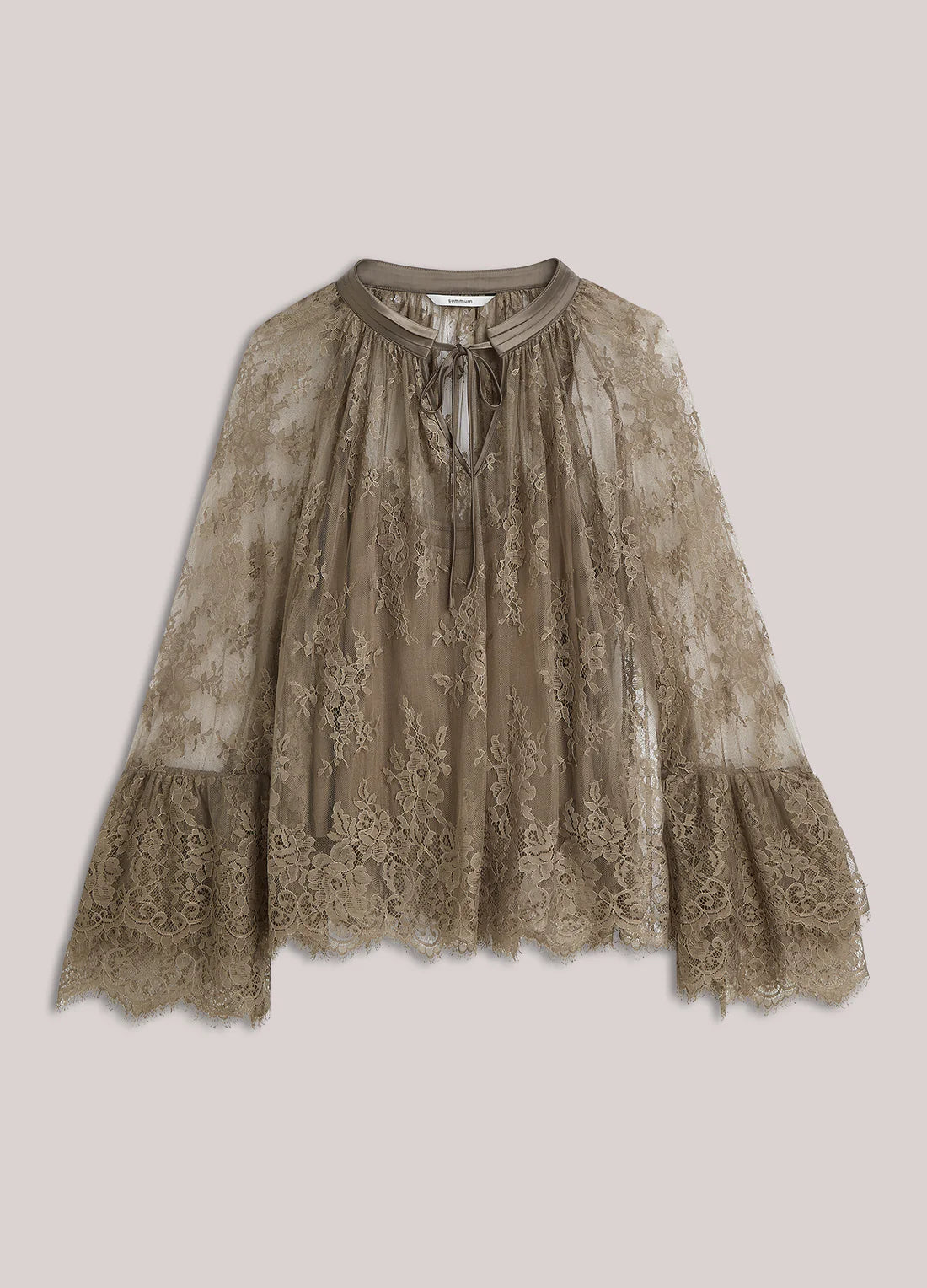Lace Top with Flounced Sleeves in Taupe