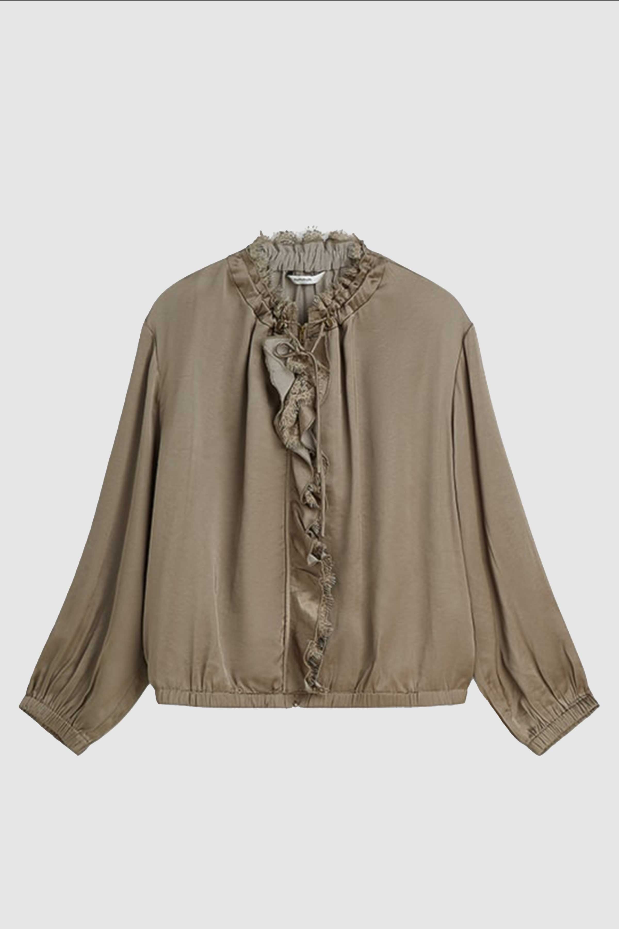 Satin Frill Blouse in Taupe