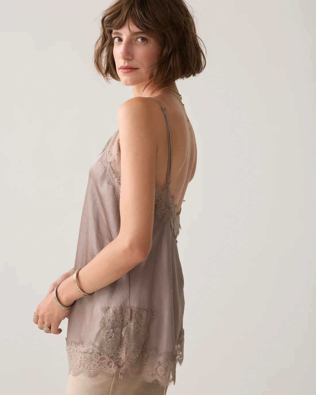 Satin Lace Trim Cami  in Taupe