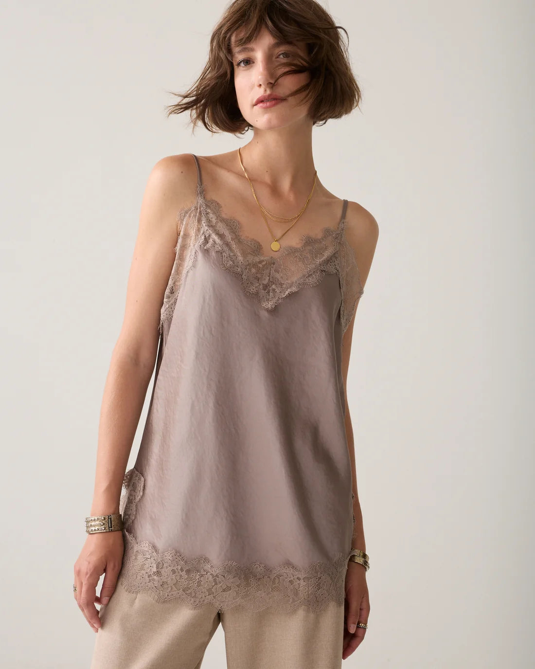 Satin Lace Trim Cami  in Taupe