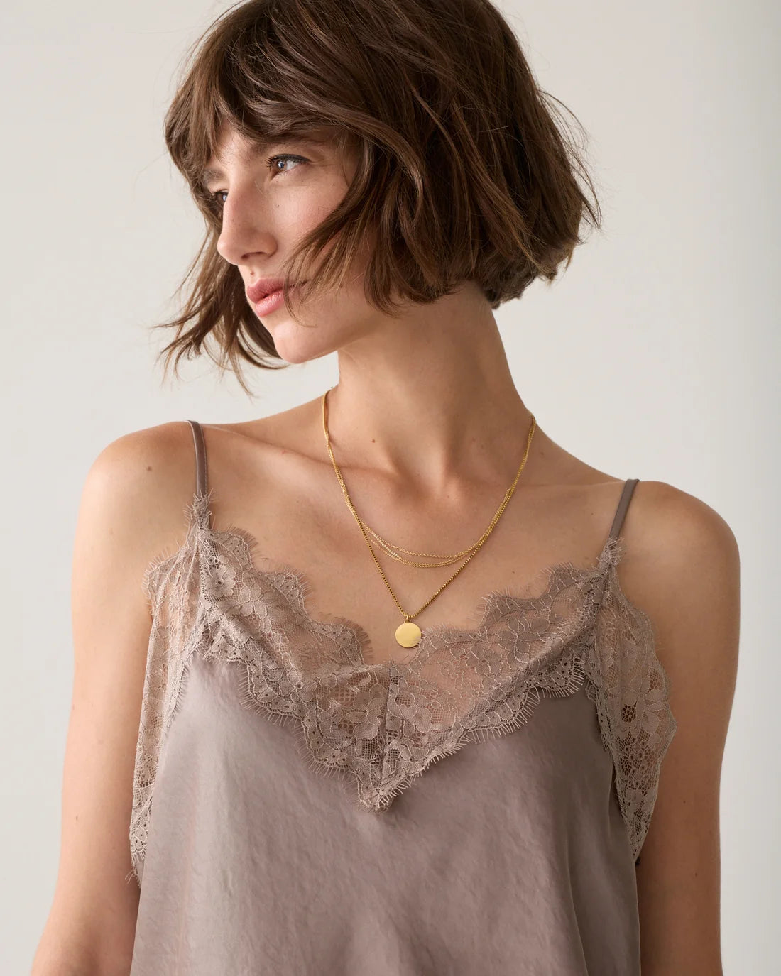 Satin Lace Trim Cami  in Taupe