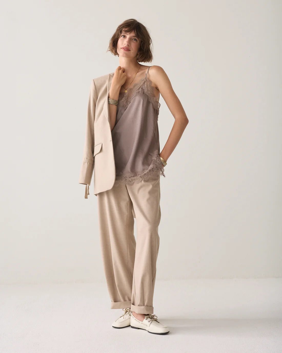 Satin Lace Trim Cami  in Taupe
