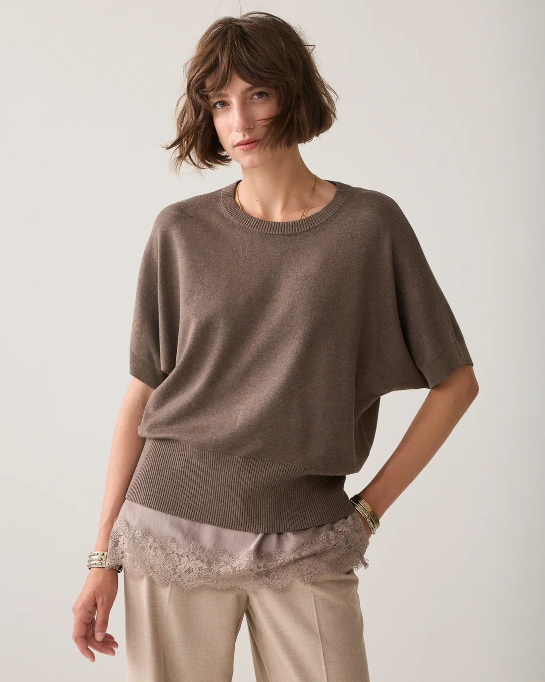 Satin Lace Trim Cami  in Taupe