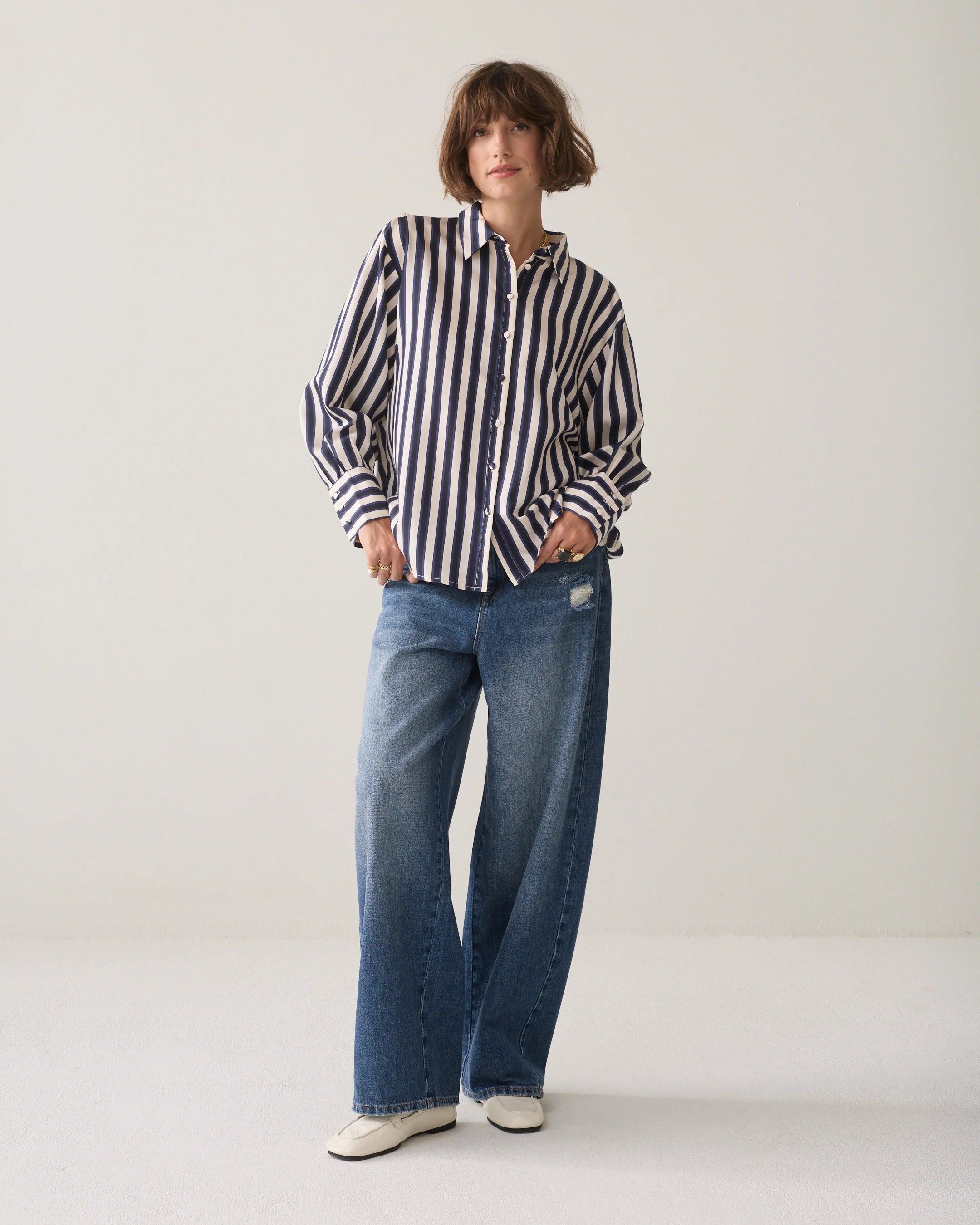 Stripe Satin Blouse in Midnight Blue
