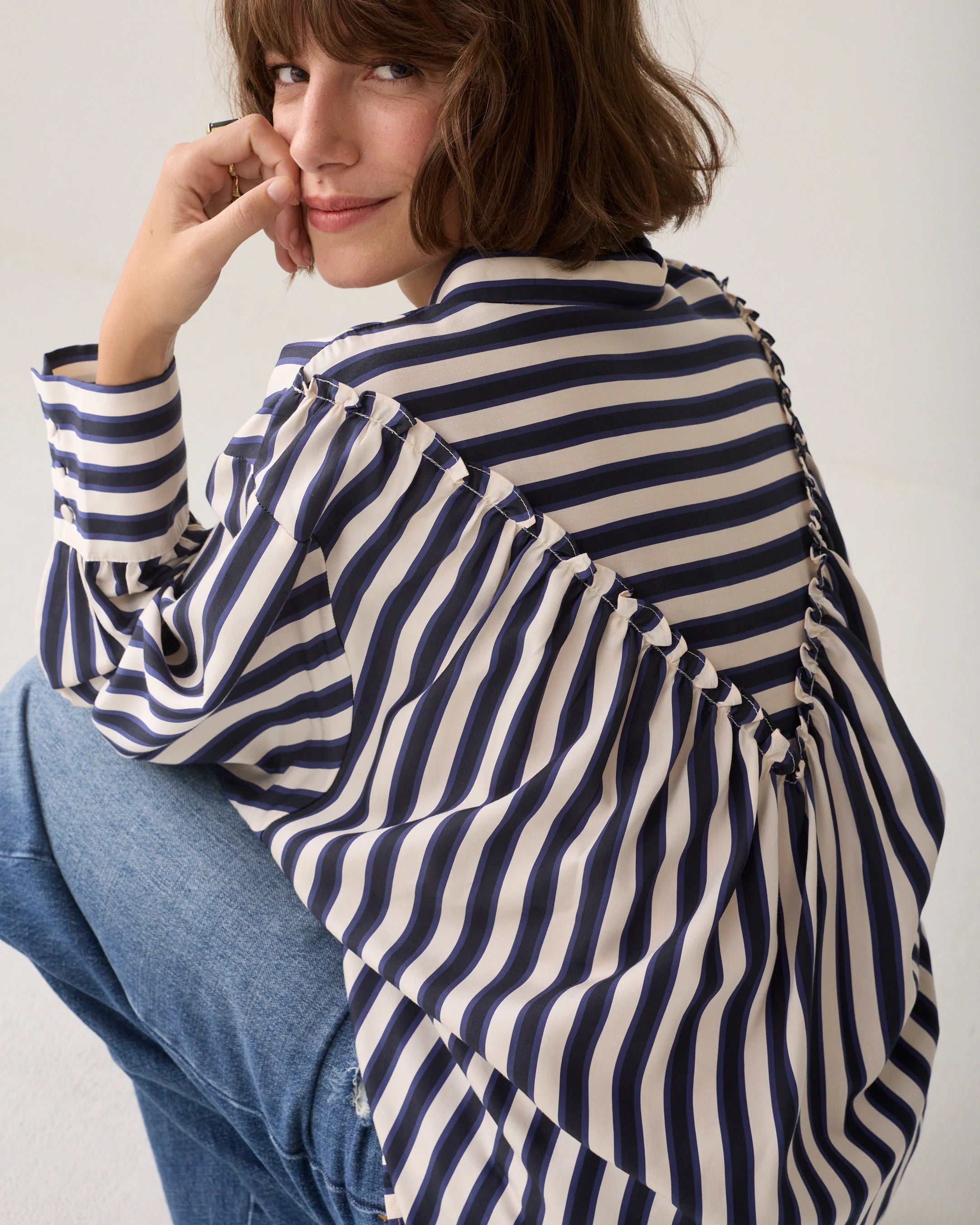 Stripe Satin Blouse in Midnight Blue