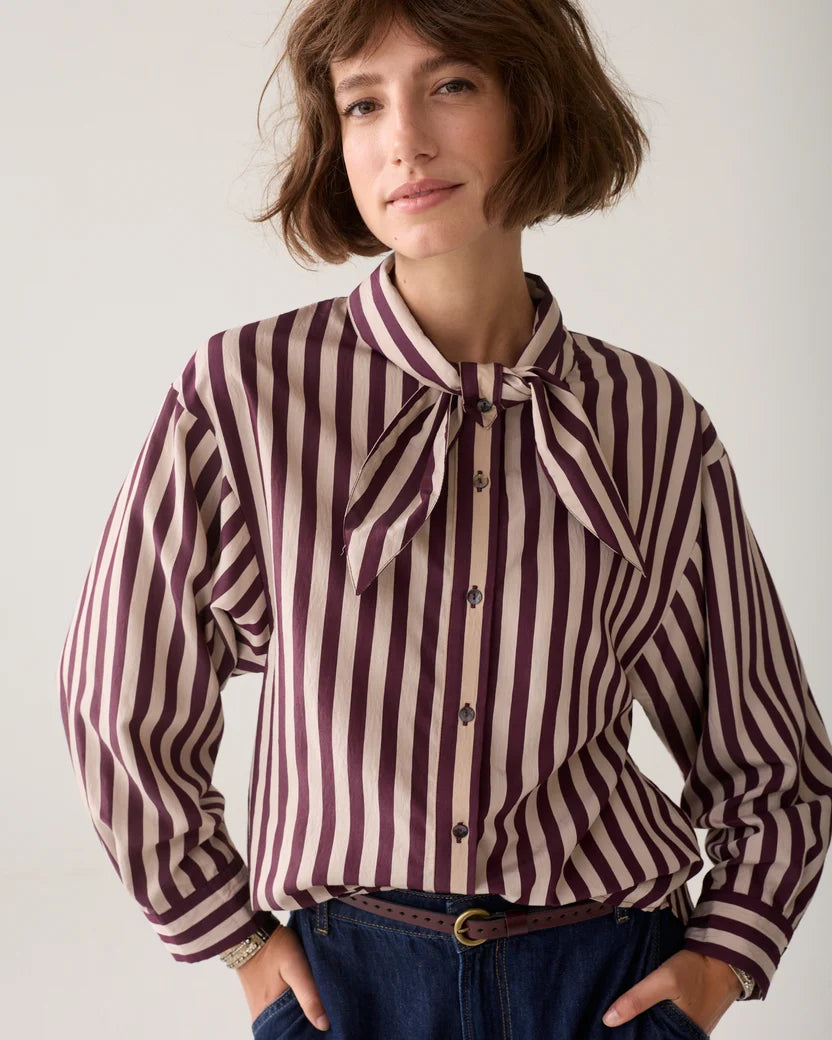 Tie Neck Stripe Blouse in Dark Burgundy