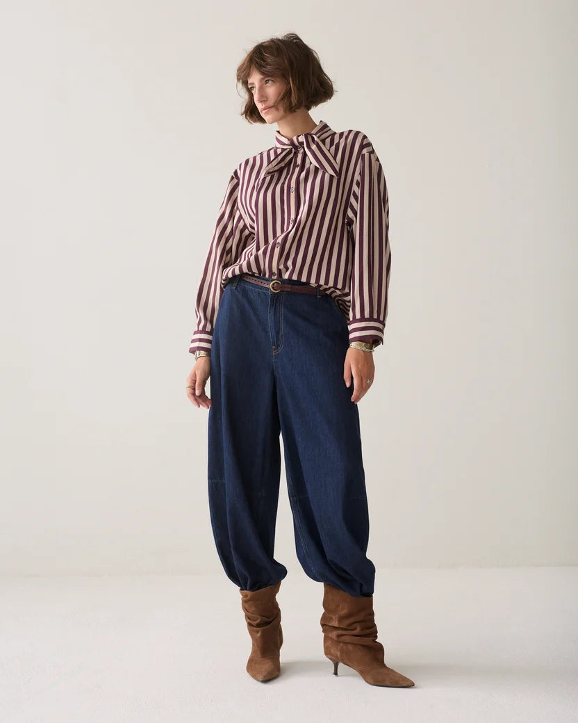 Tie Neck Stripe Blouse in Dark Burgundy