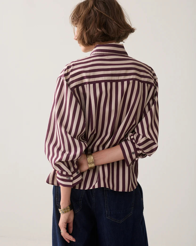 Tie Neck Stripe Blouse in Dark Burgundy