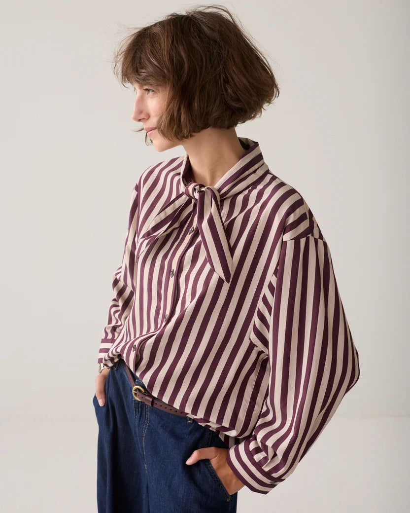 Tie Neck Stripe Blouse in Dark Burgundy