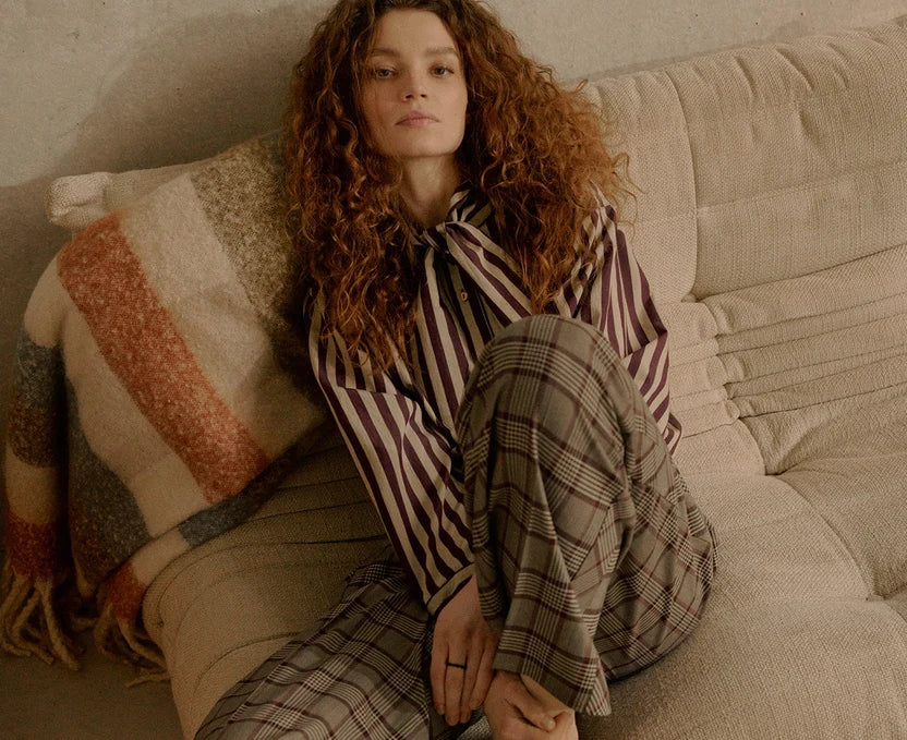 Tie Neck Stripe Blouse in Dark Burgundy
