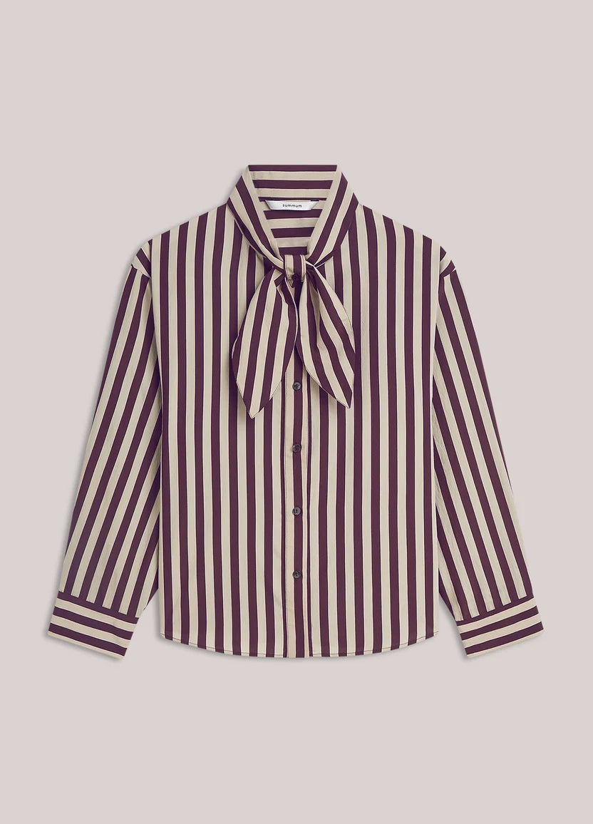 Tie Neck Stripe Blouse in Dark Burgundy