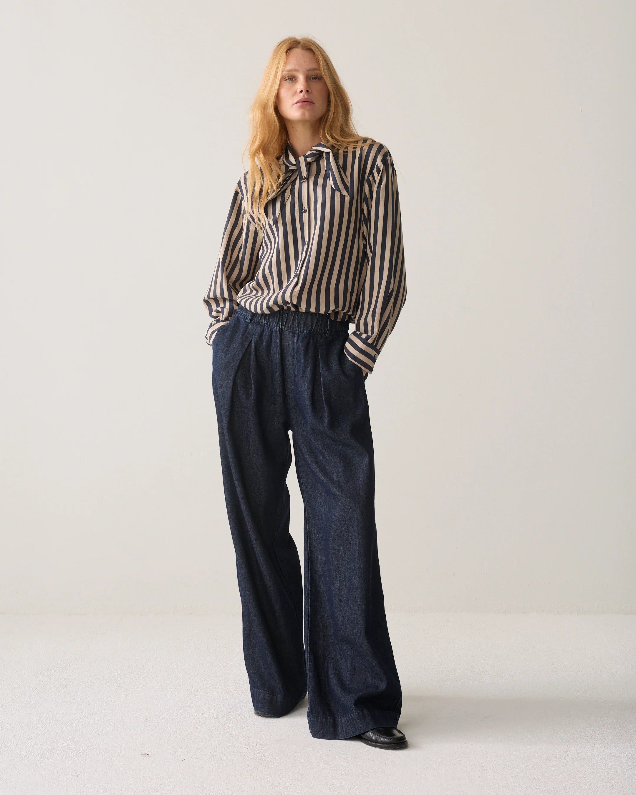 Tie Neck Stripe Blouse in Midnight blue