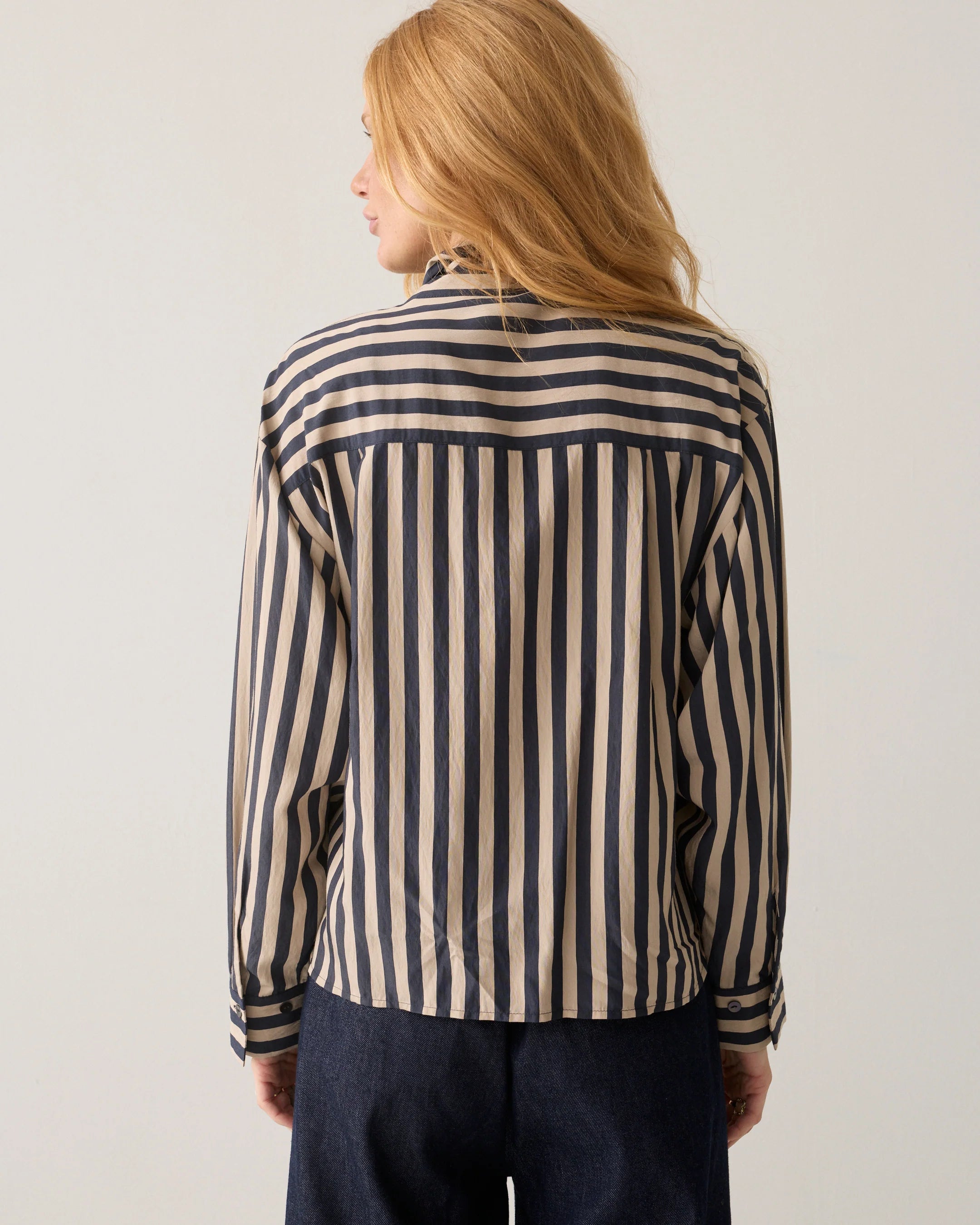 Tie Neck Stripe Blouse in Midnight blue