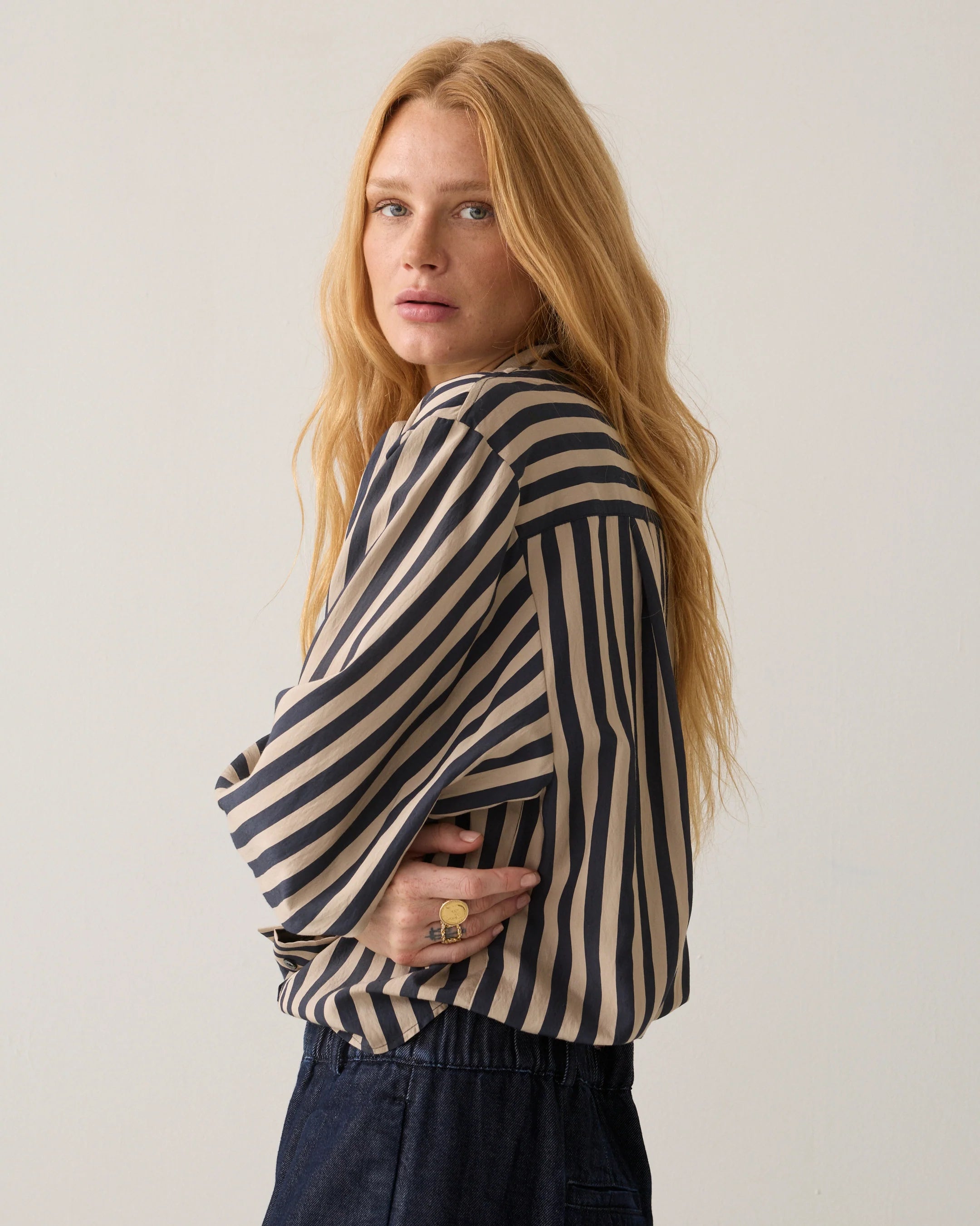 Tie Neck Stripe Blouse in Midnight blue
