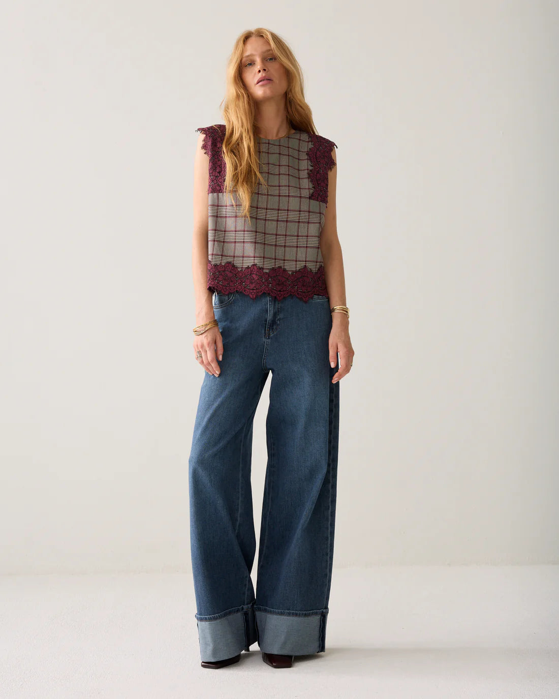 Tartan Sleeveless Top with Lace Trim in Burgundy