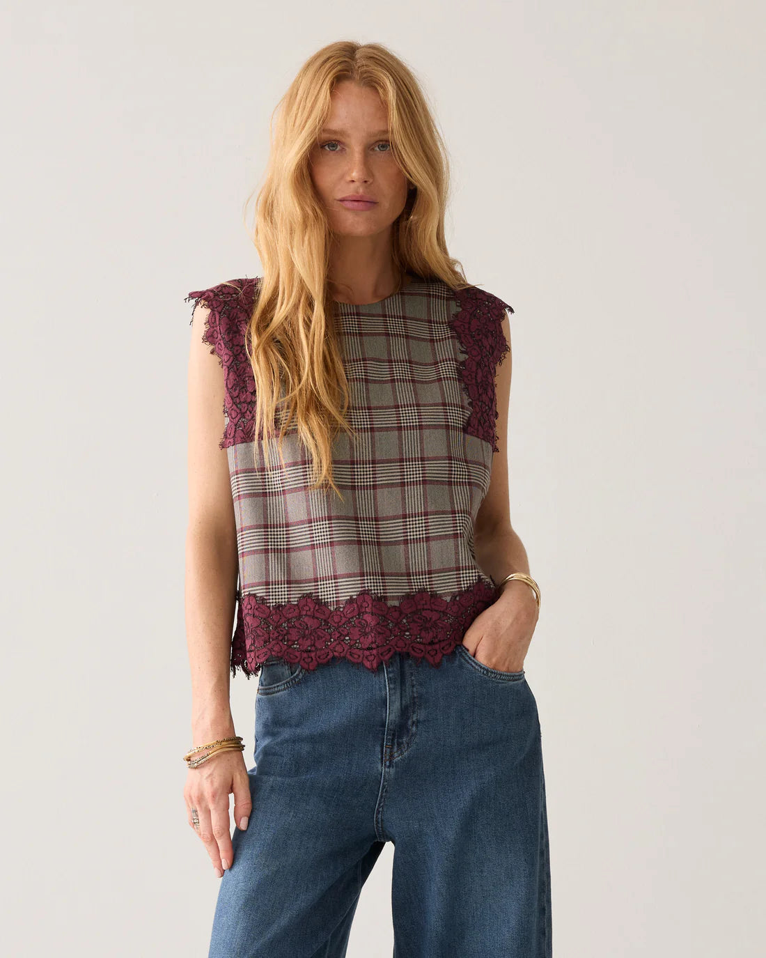 Tartan Sleeveless Top with Lace Trim in Burgundy