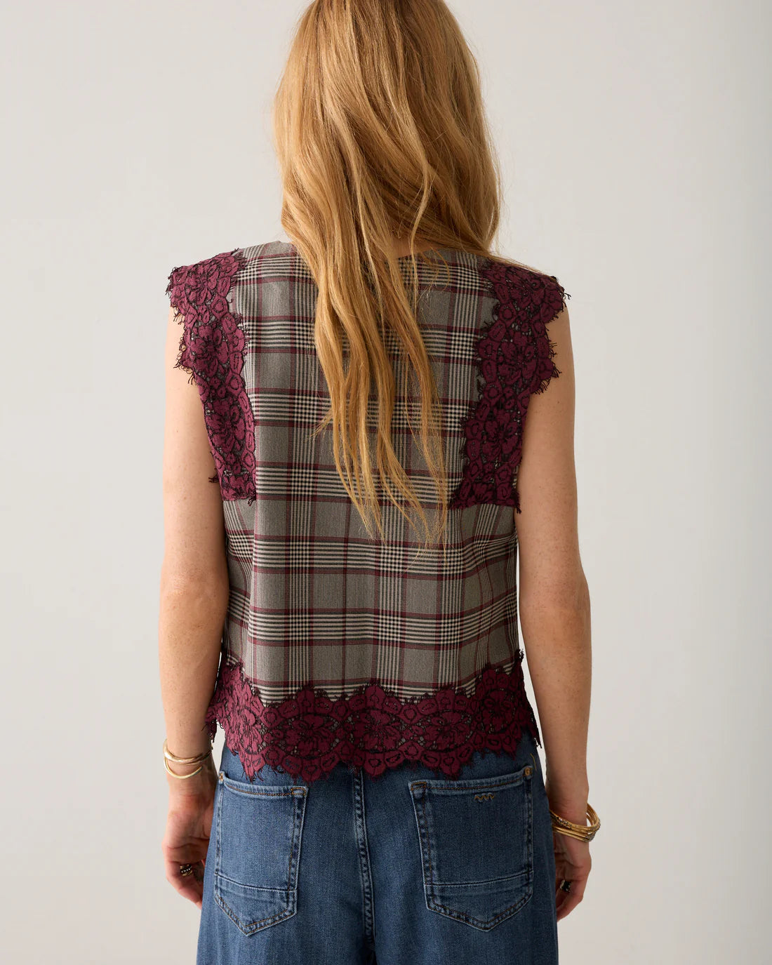 Tartan Sleeveless Top with Lace Trim in Burgundy