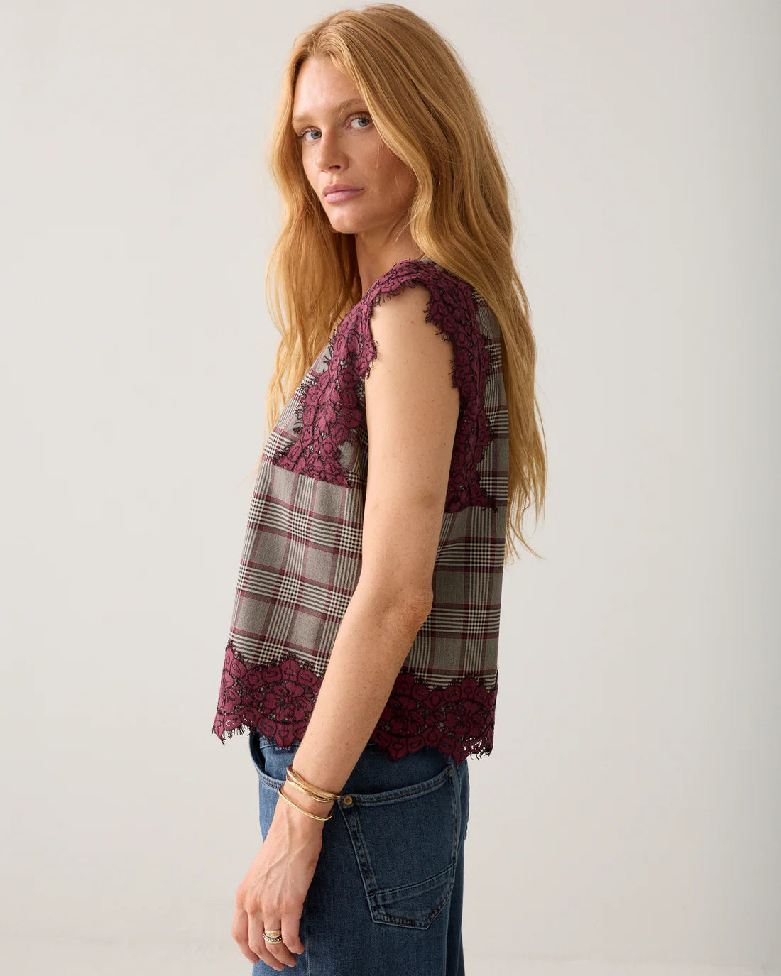 Tartan Sleeveless Top with Lace Trim in Burgundy