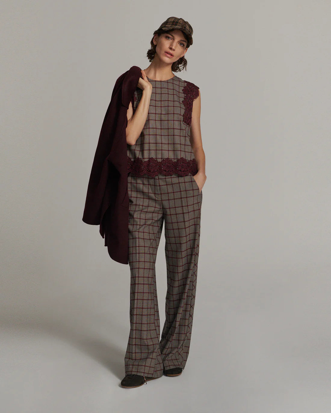 Tartan Sleeveless Top with Lace Trim in Burgundy