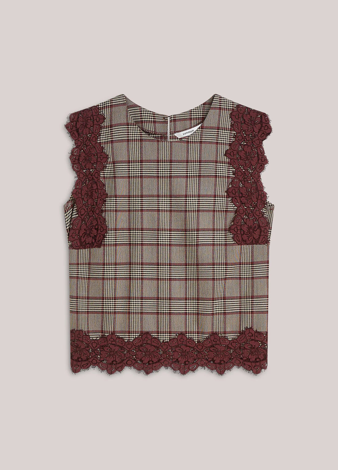 Tartan Sleeveless Top with Lace Trim in Burgundy