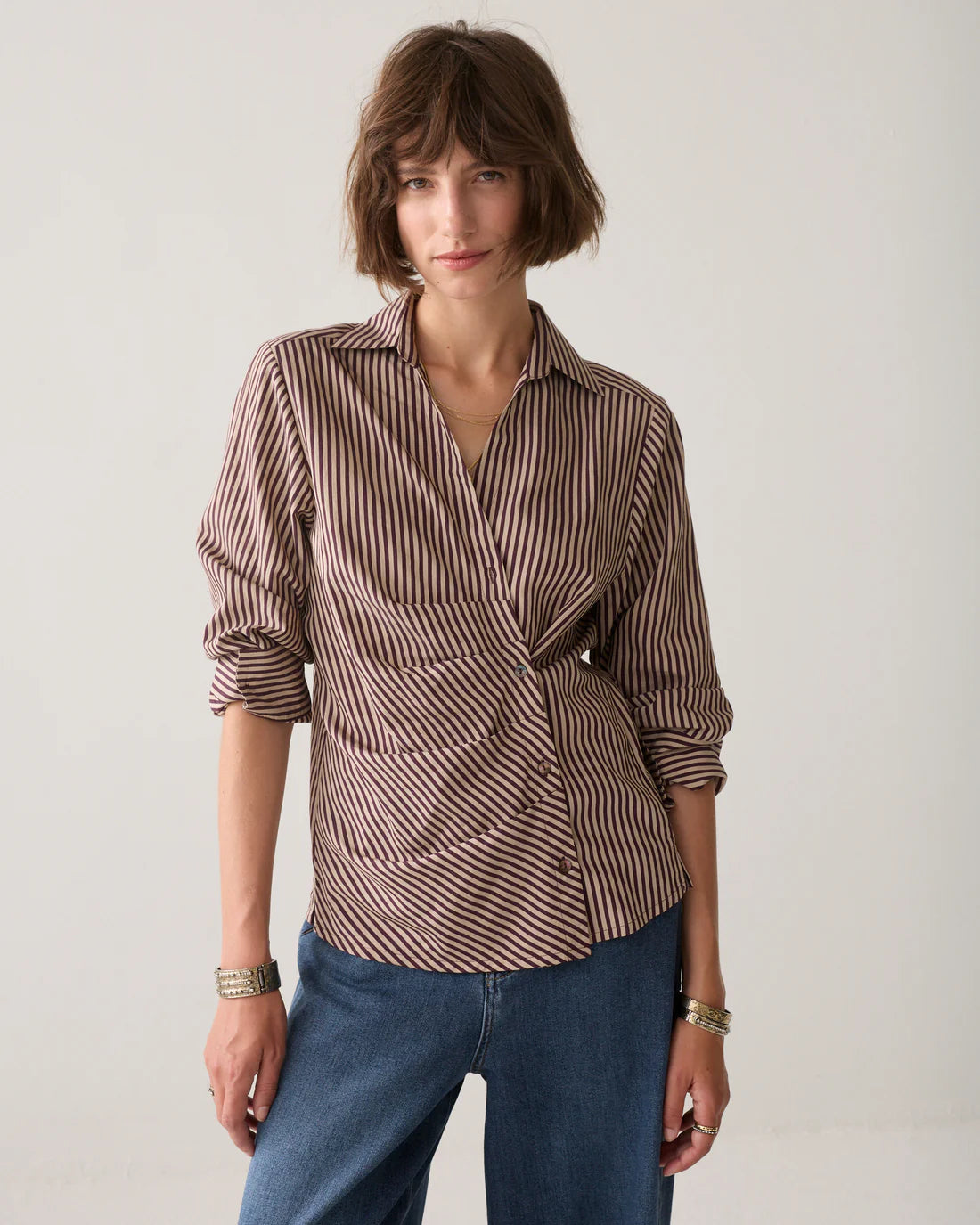 Adjustable Stripe Blouse in Dark Burgundy