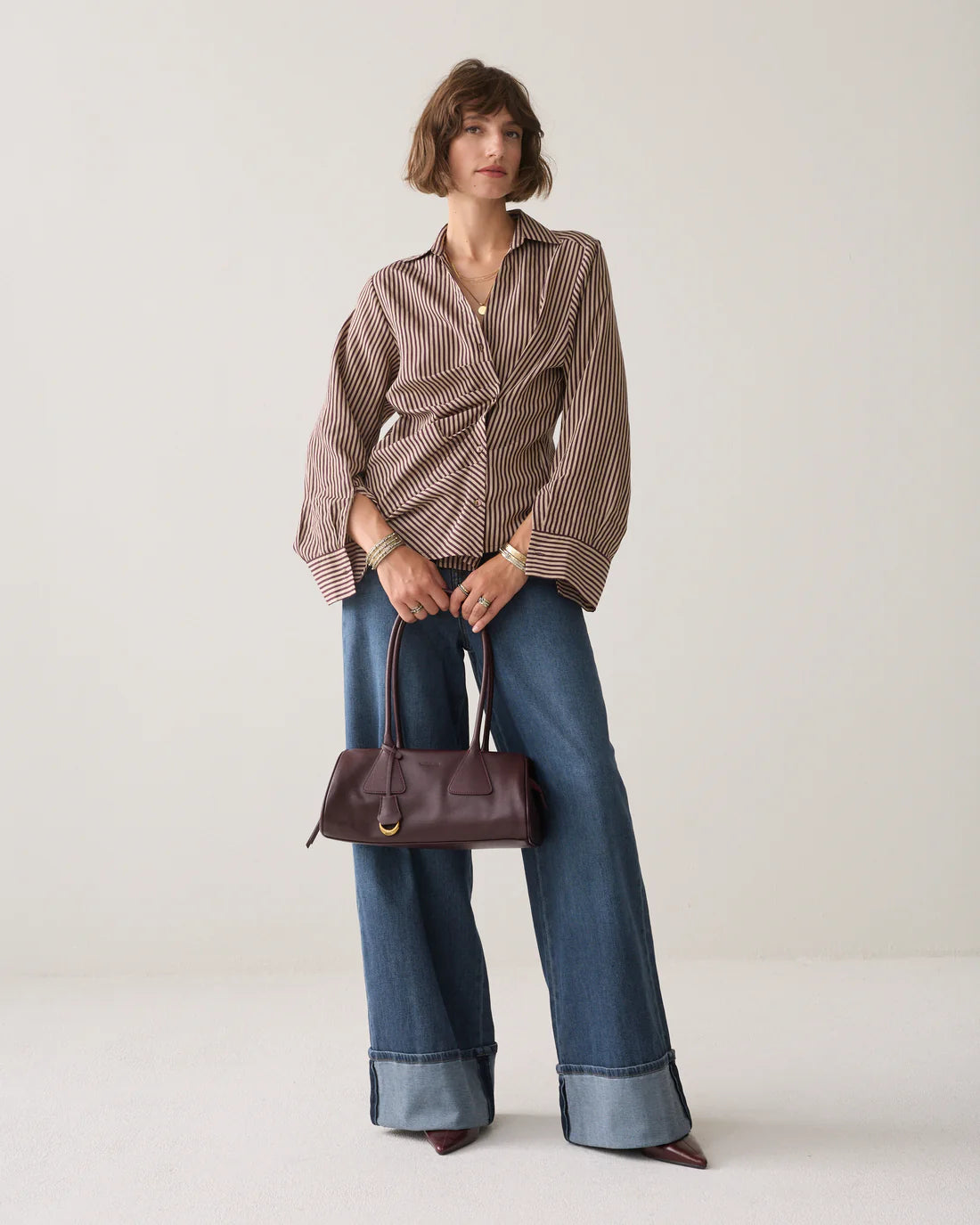 Adjustable Stripe Blouse in Dark Burgundy