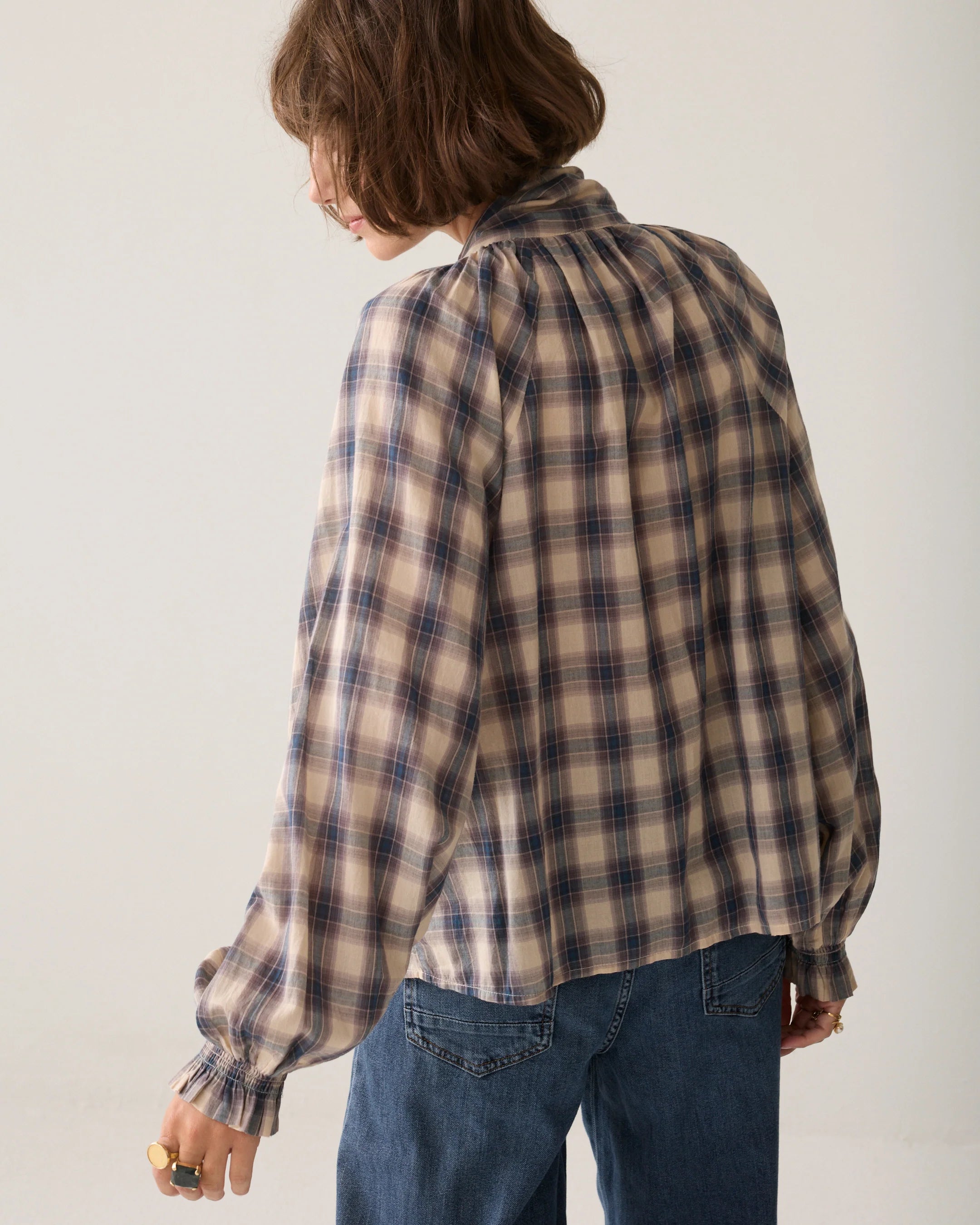 Bow Check Top in Midnight Blue