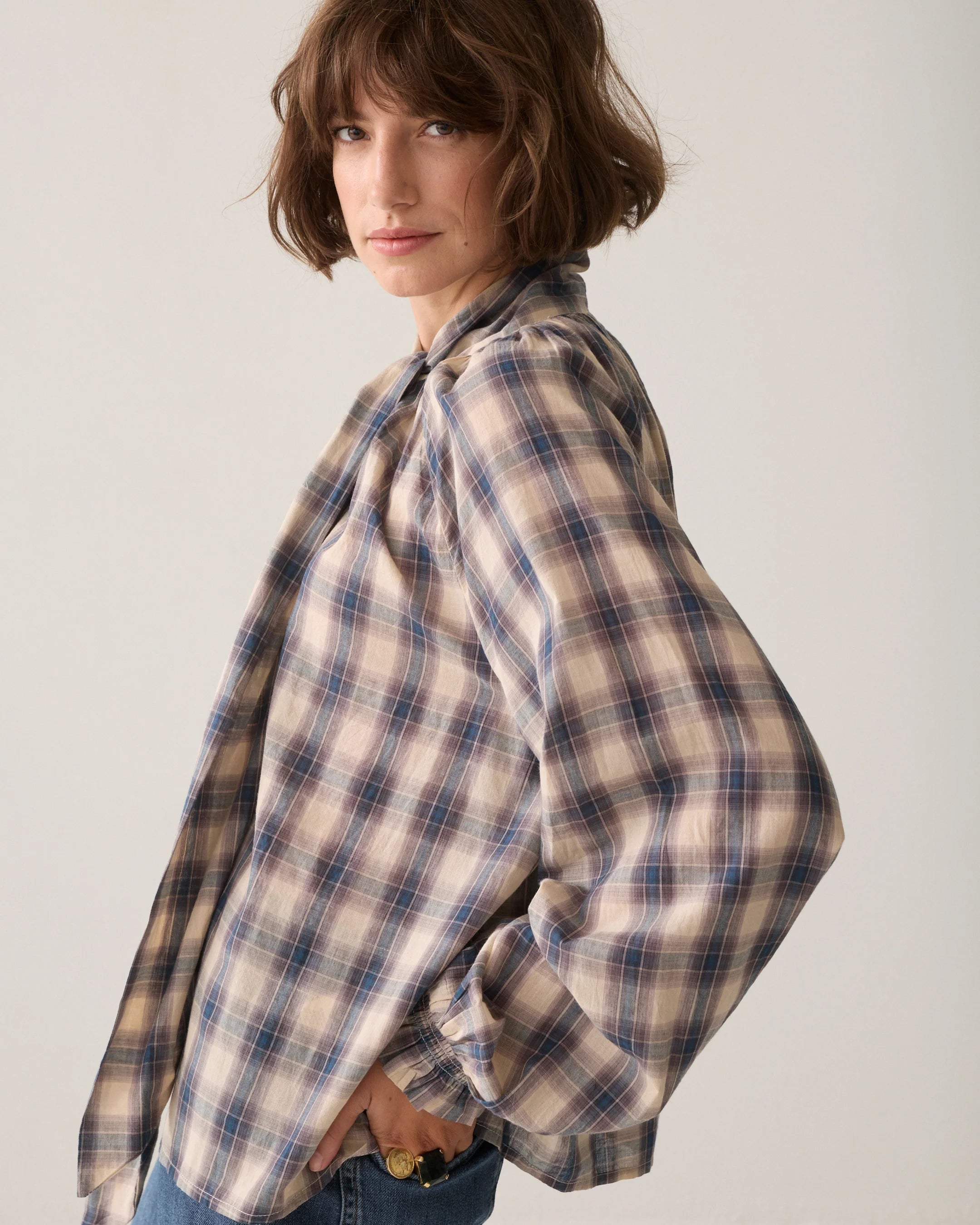 Bow Check Top in Midnight Blue