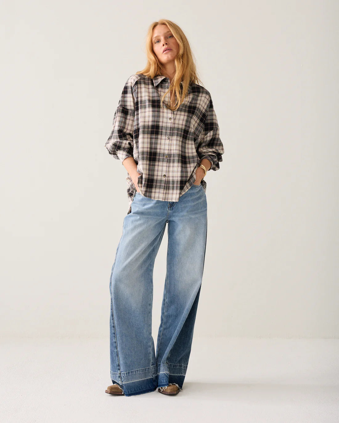 Embroidered Plaid Flannel Shirt in Check