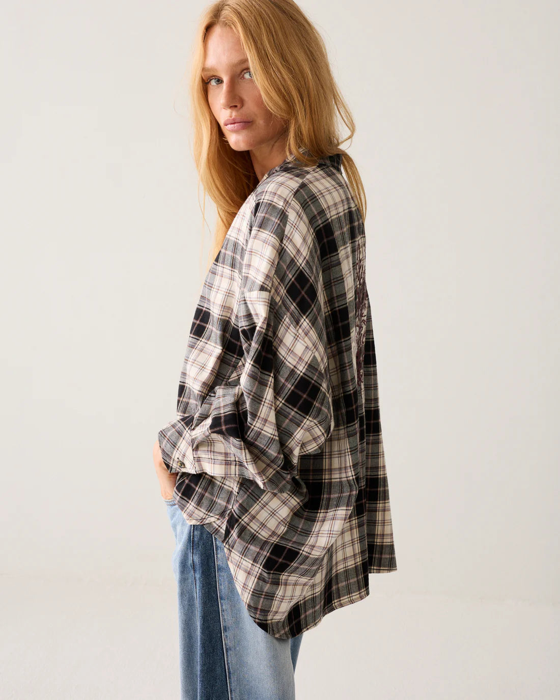Embroidered Plaid Flannel Shirt in Check