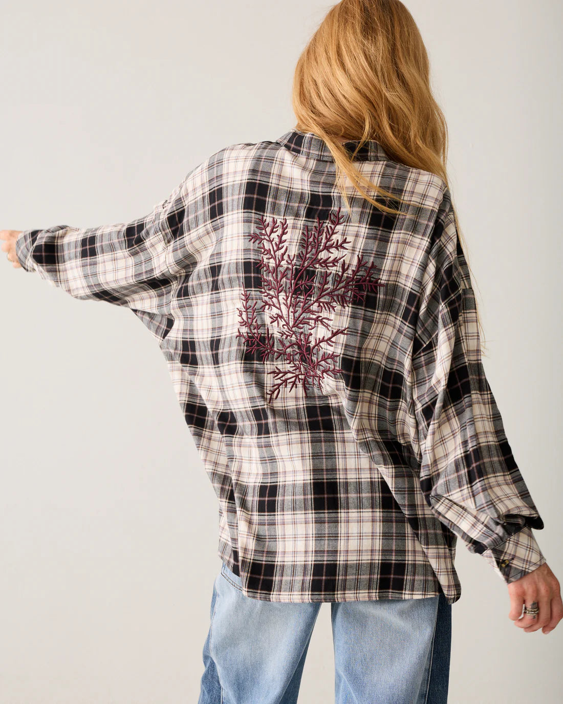 Embroidered Plaid Flannel Shirt in Check