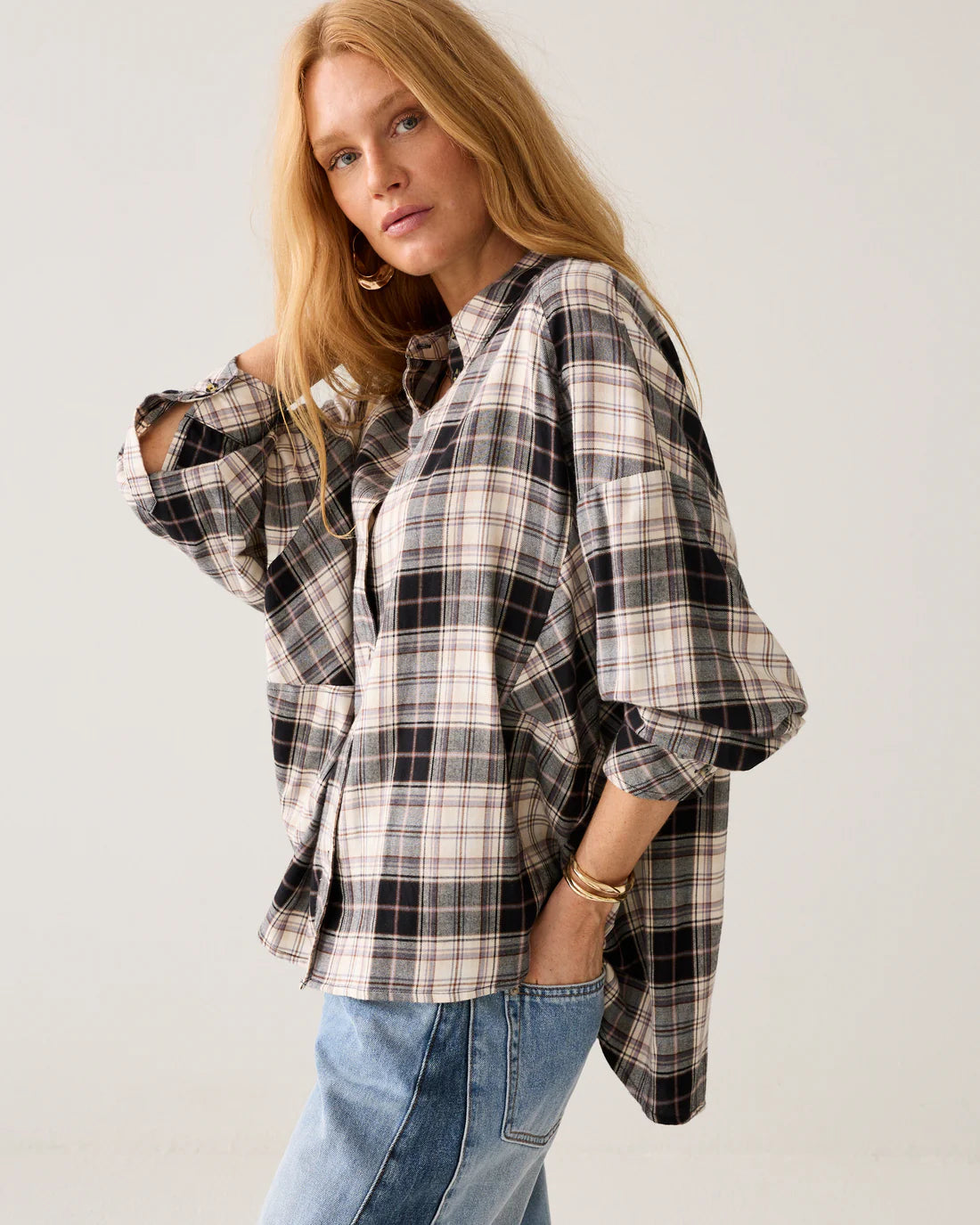 Embroidered Plaid Flannel Shirt in Check