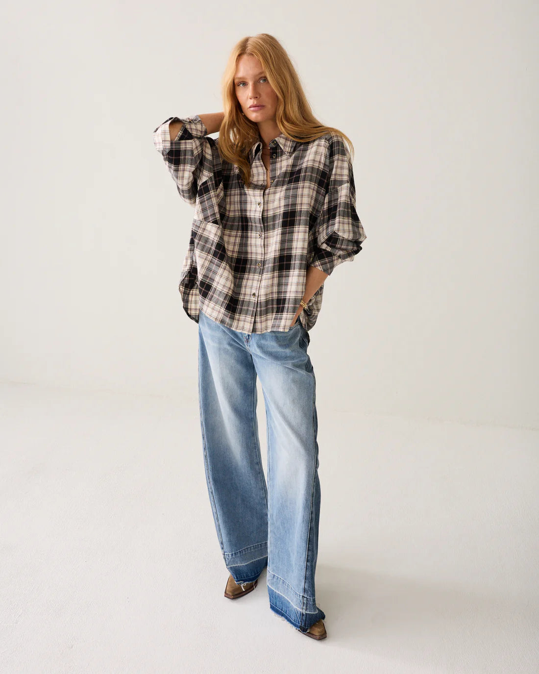 Embroidered Plaid Flannel Shirt in Check