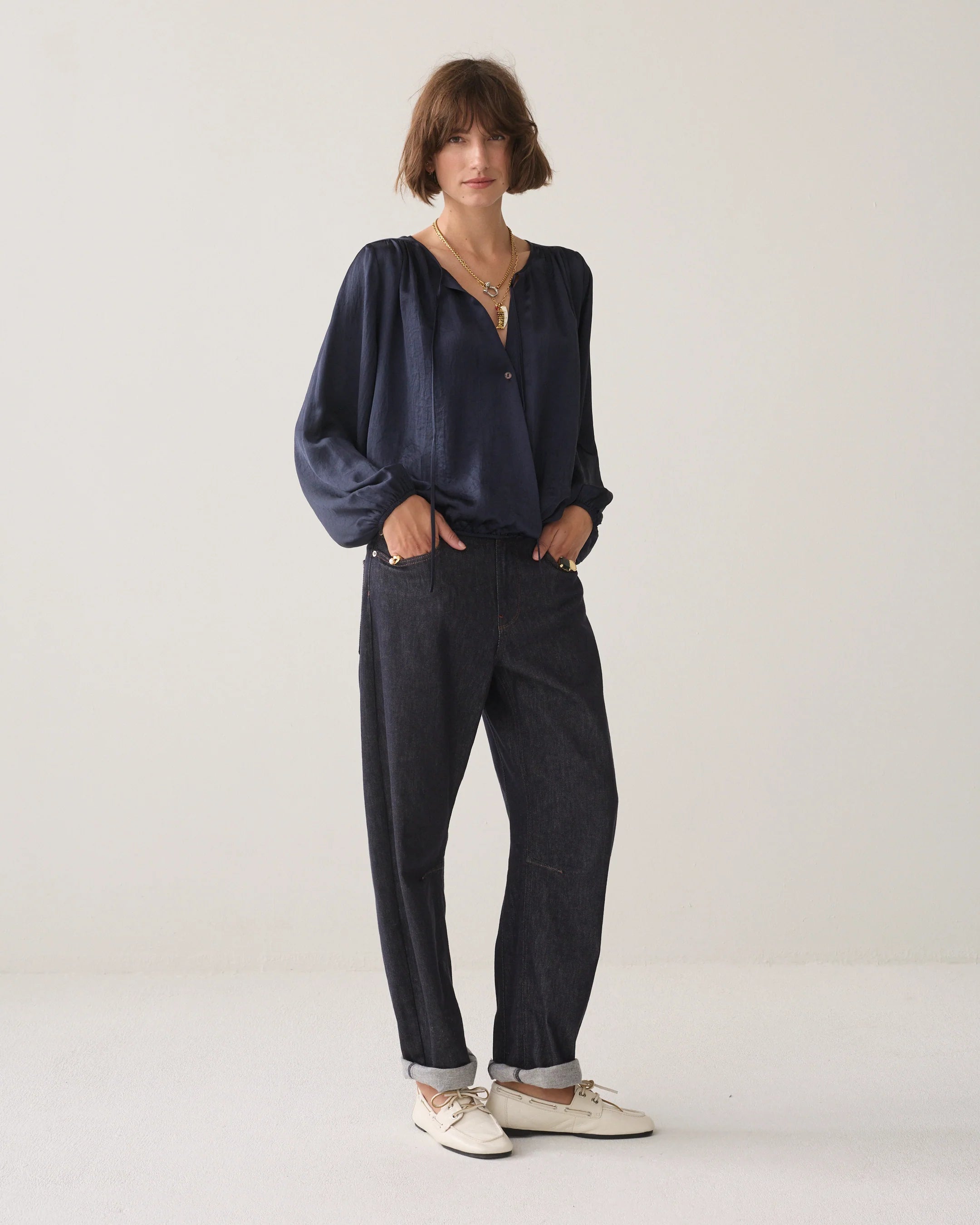 Silky Top with Bow in Midnight Blue