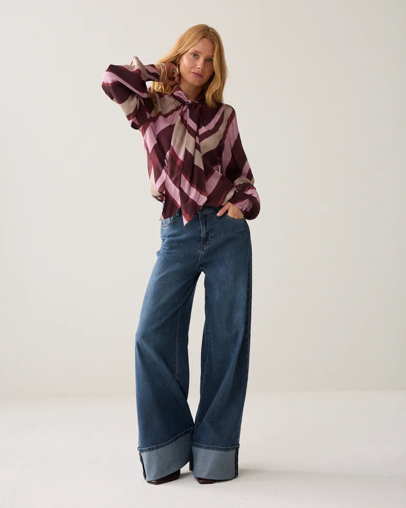 Bow Tie Diagonal Stripe Blouse in Multicolour