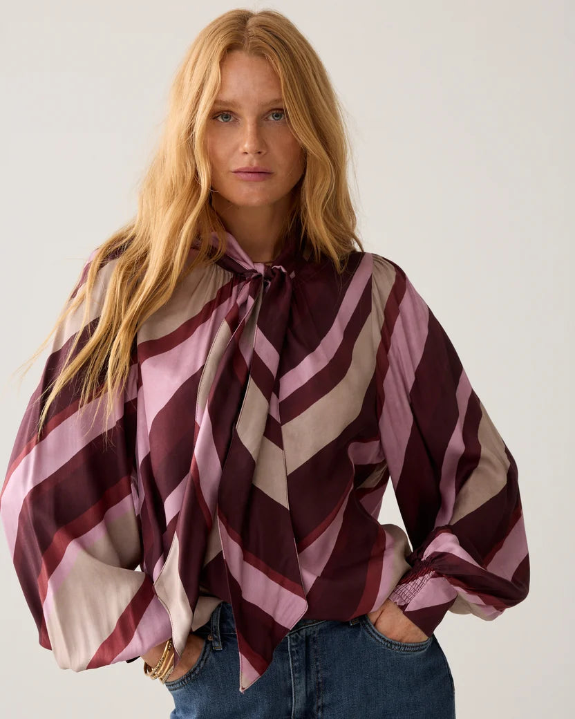 Bow Tie Diagonal Stripe Blouse in Multicolour