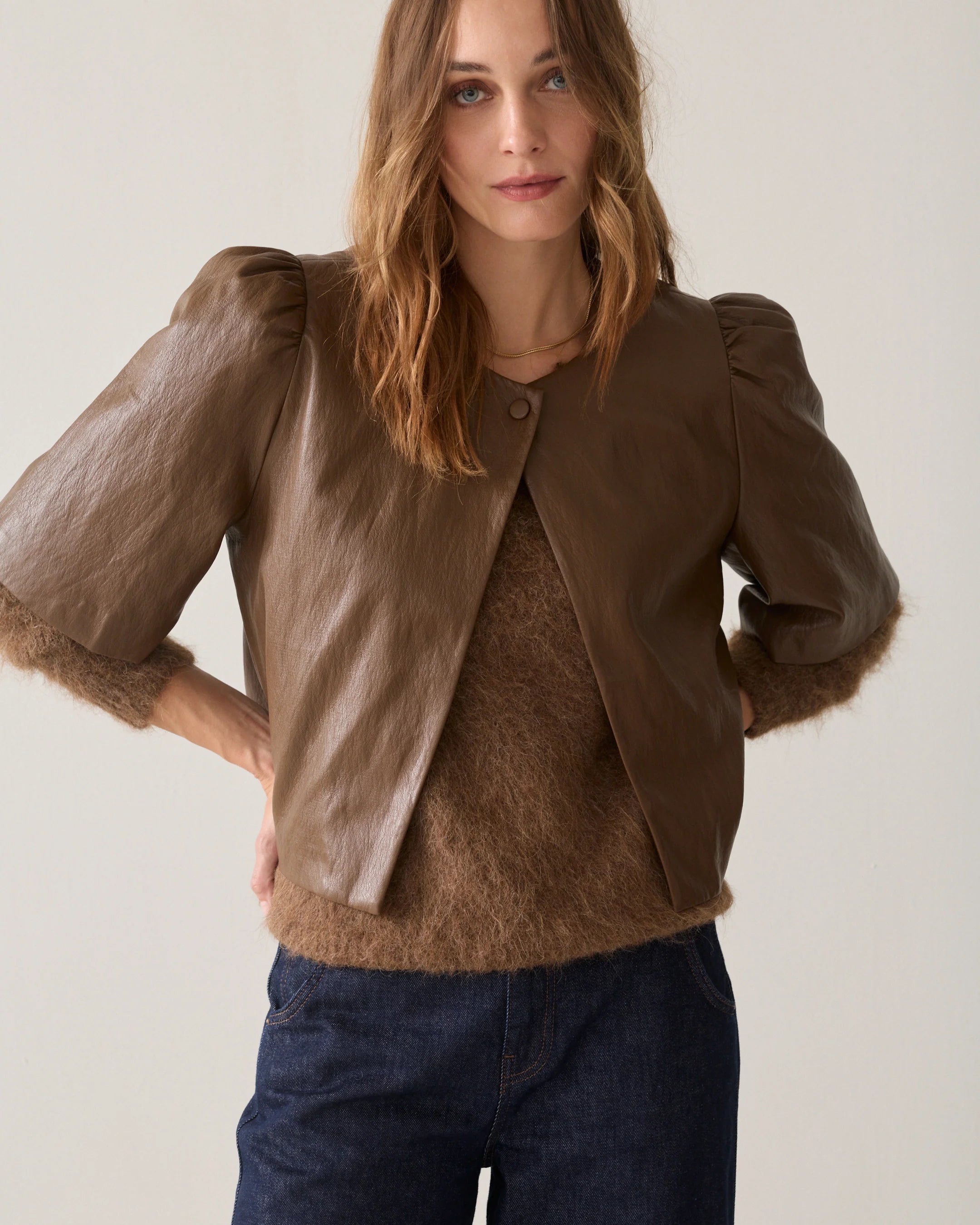 Soft Faux Leather Puff Sleeve Top in Sepia Brown