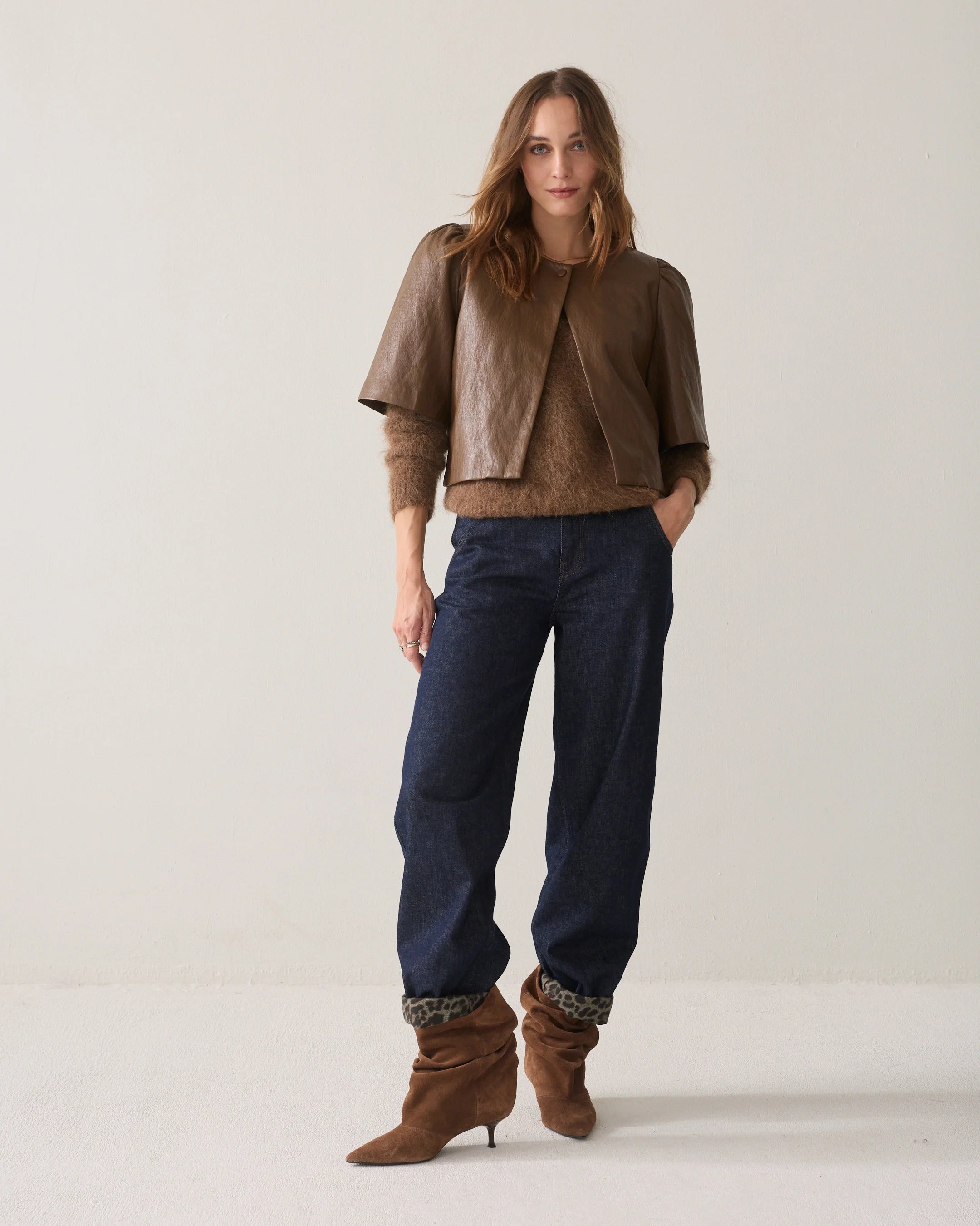 Soft Faux Leather Puff Sleeve Top in Sepia Brown