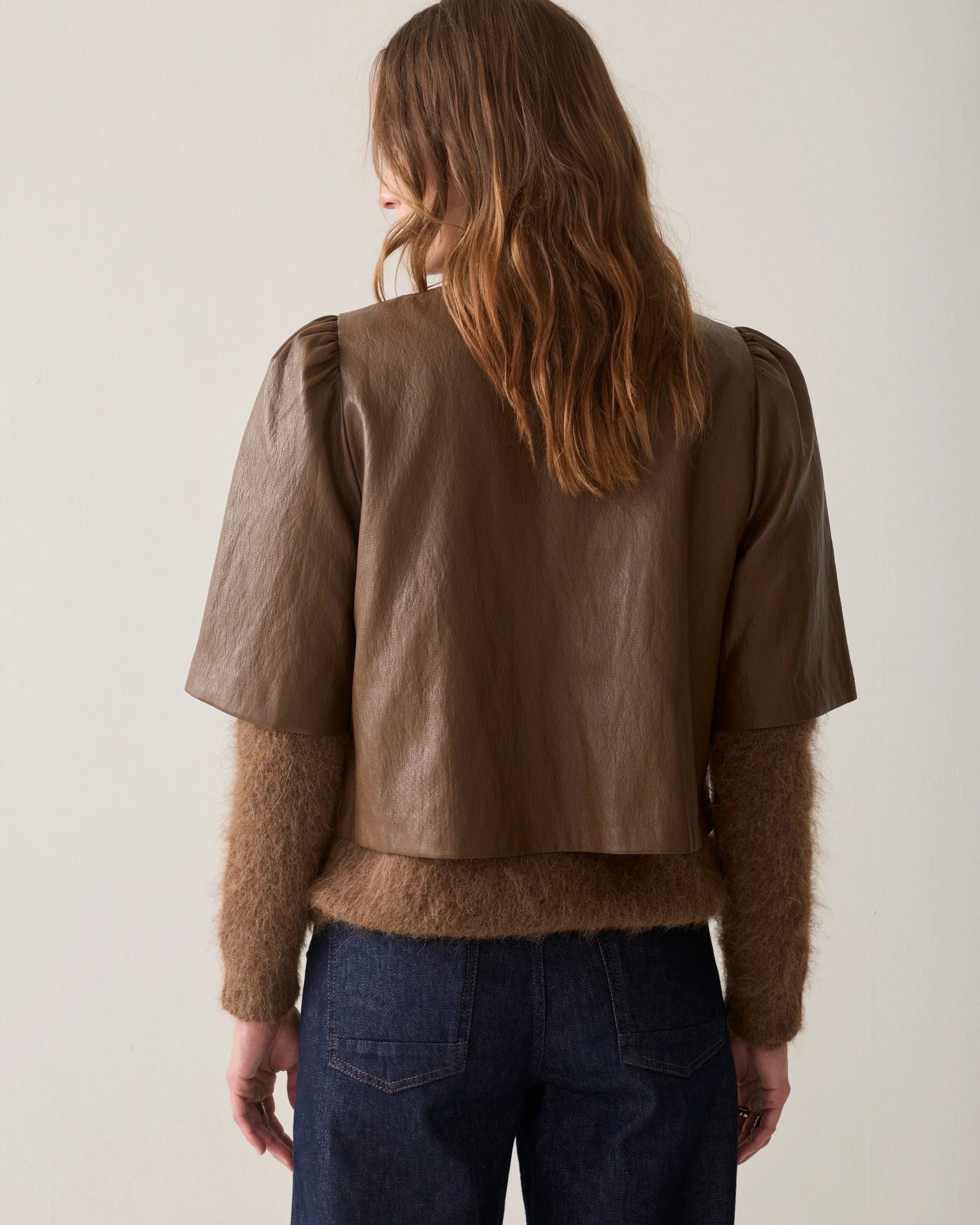 Soft Faux Leather Puff Sleeve Top in Sepia Brown
