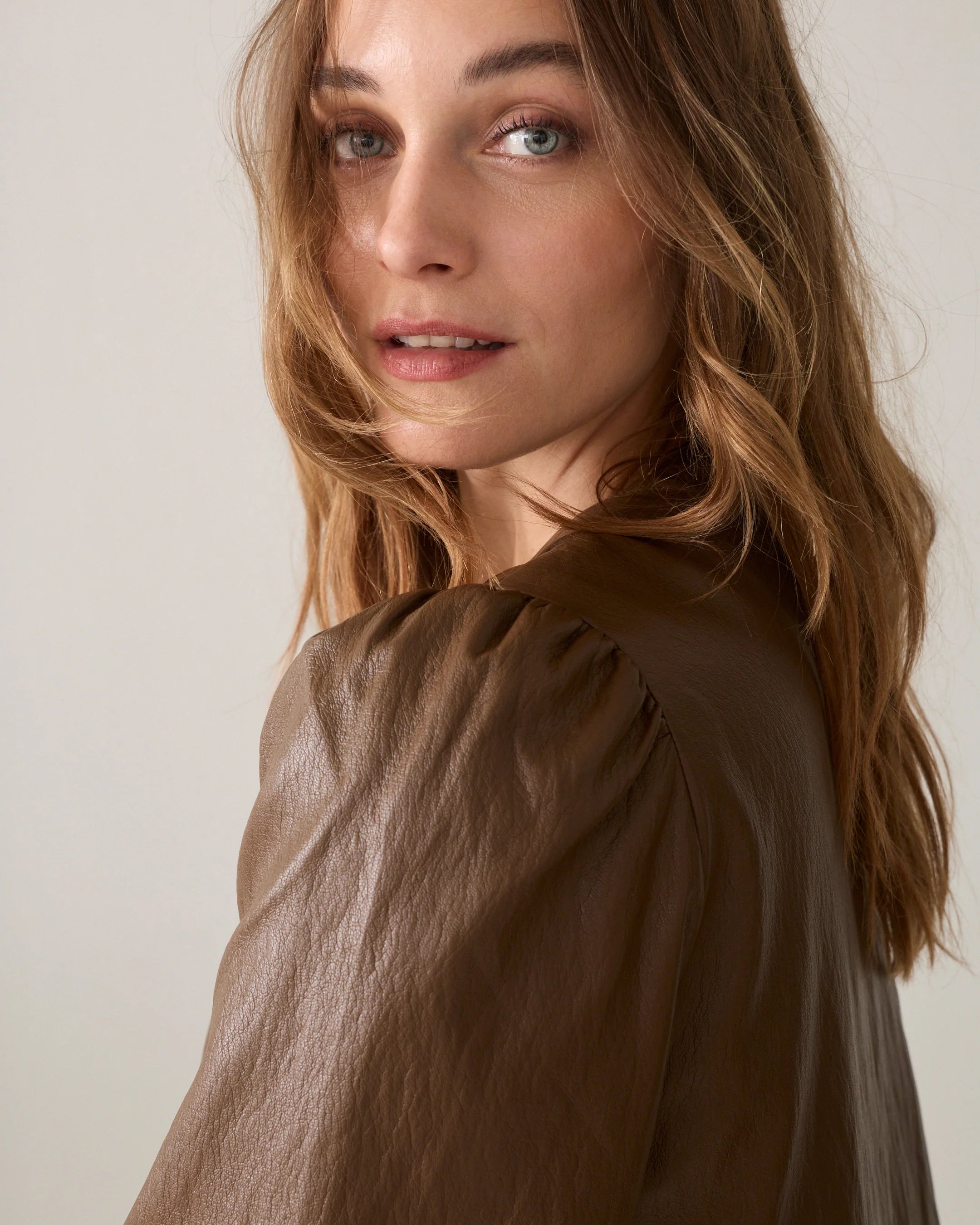 Soft Faux Leather Puff Sleeve Top in Sepia Brown