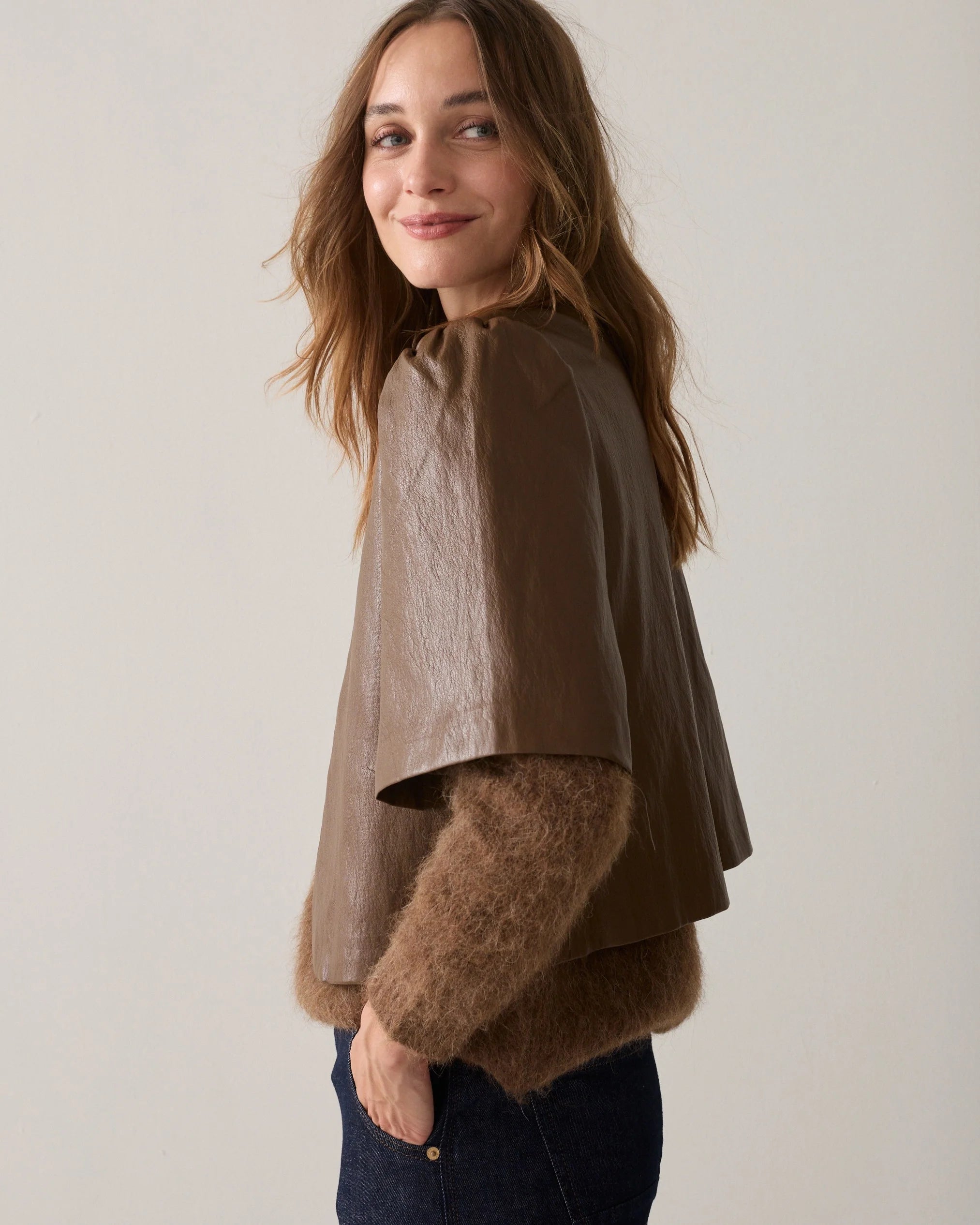 Soft Faux Leather Puff Sleeve Top in Sepia Brown
