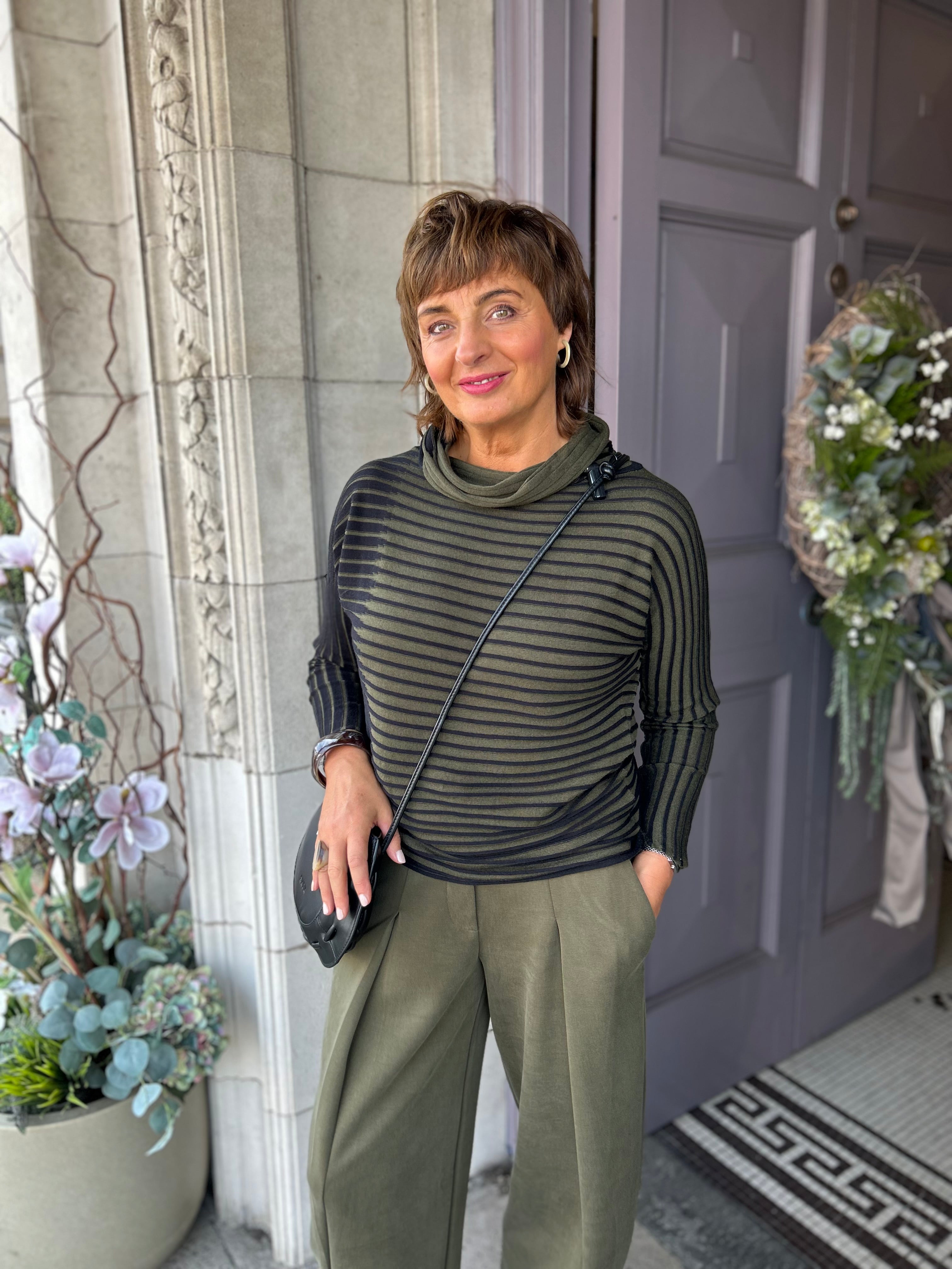 Striped Cowl Neck Knit in Black/Olive