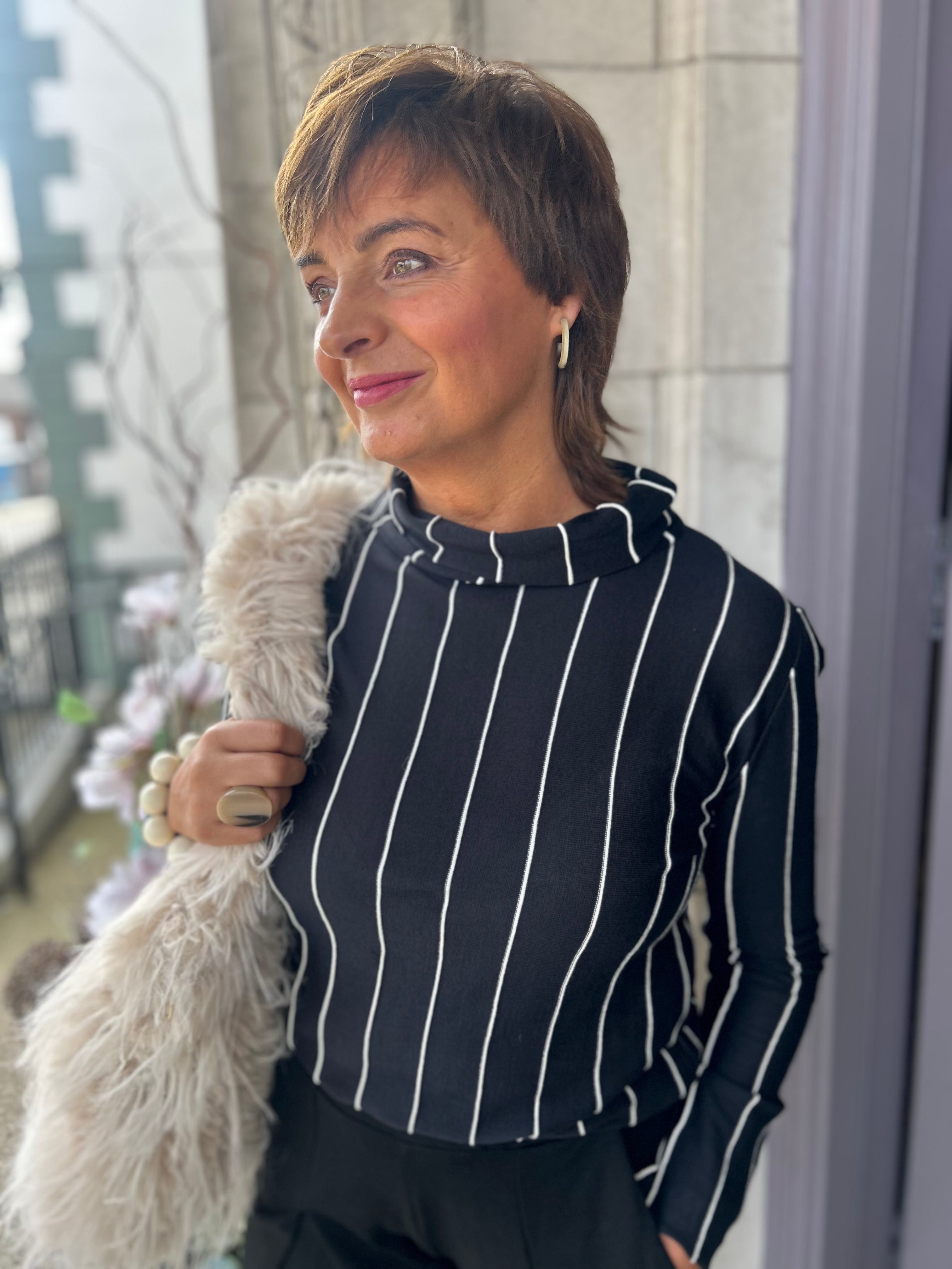 Vertical Stripe Roll Neck Top in Black/White