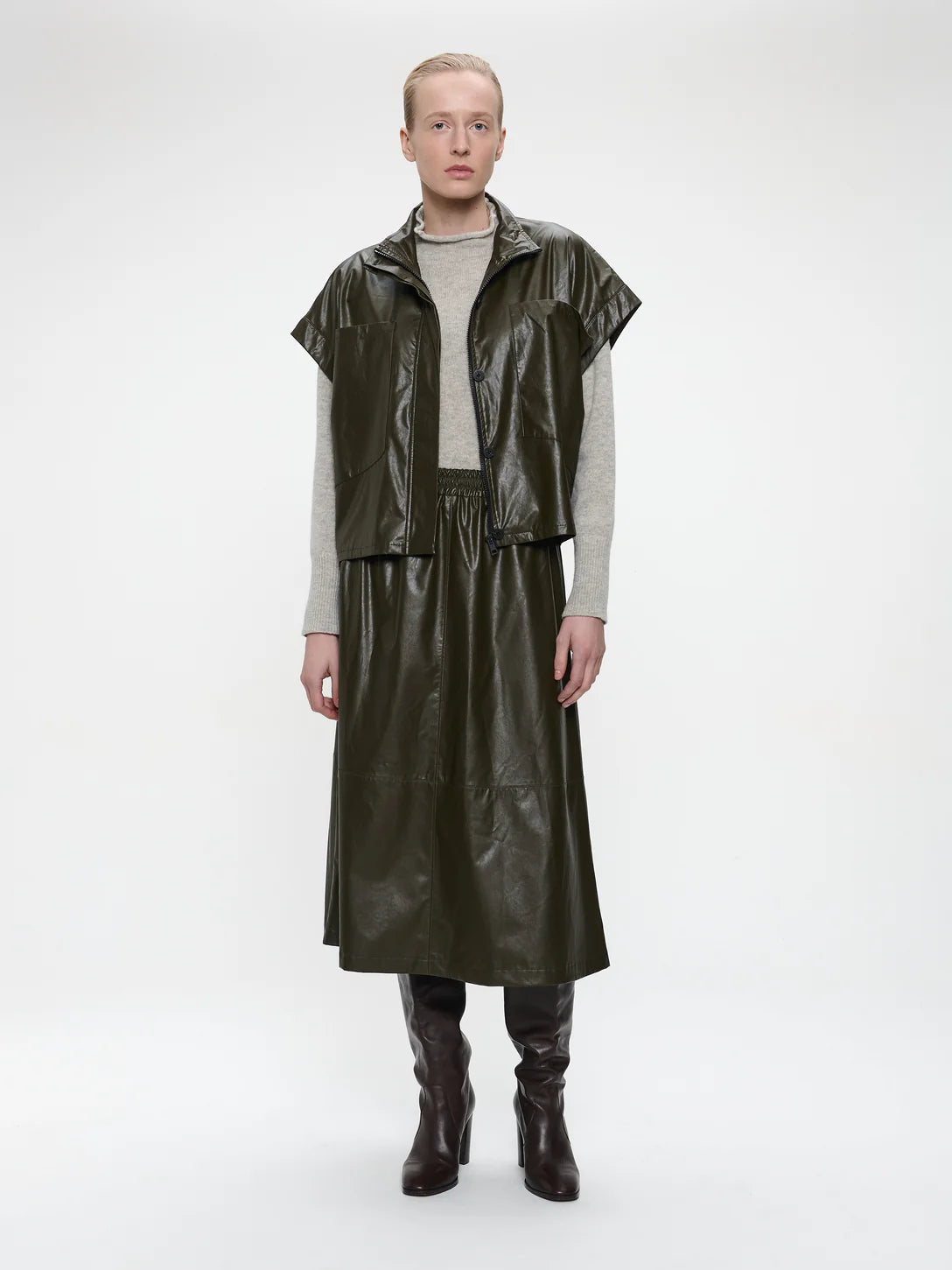 Paola Eco Leather Blouse in Army