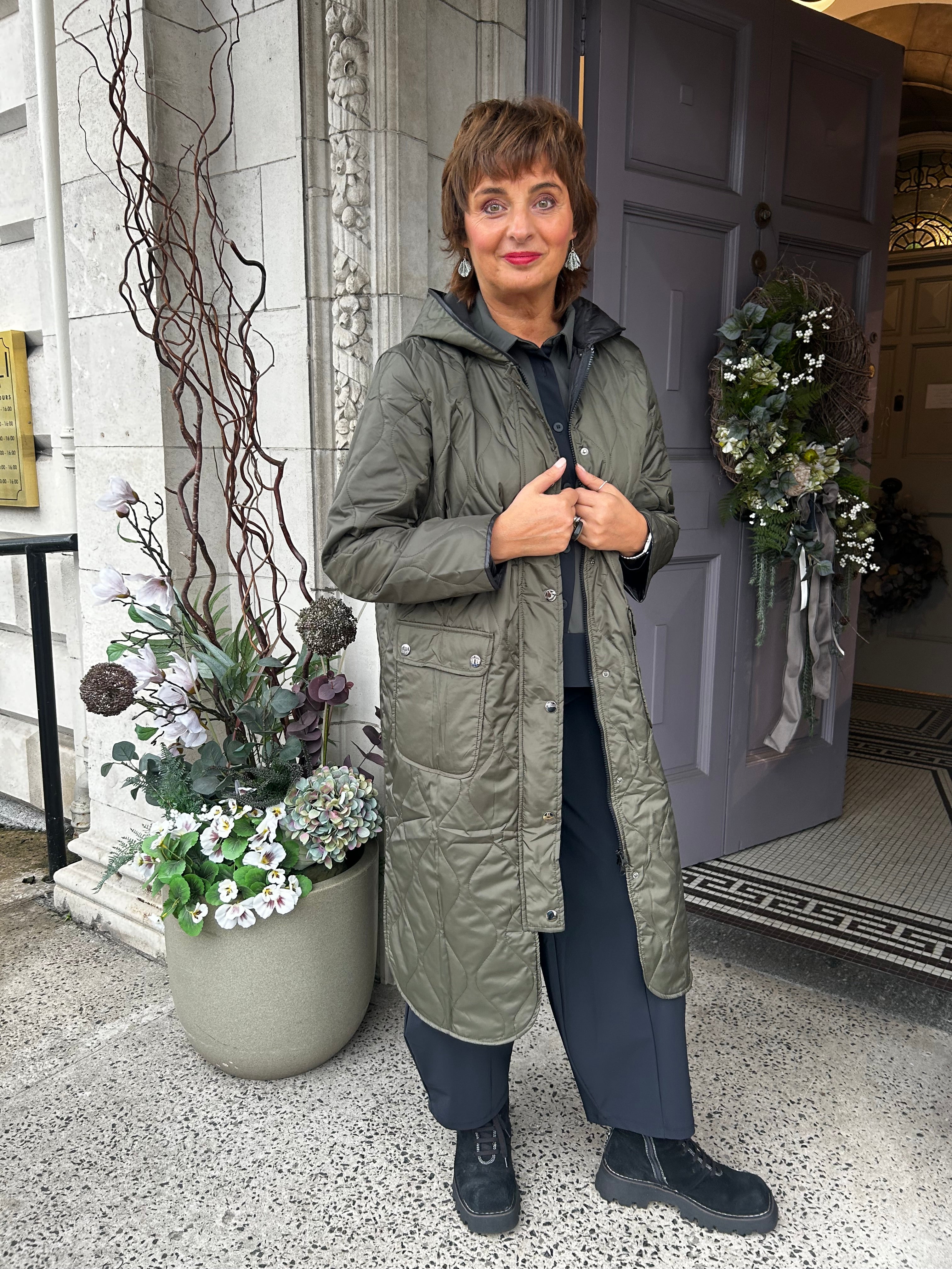Padded Coat With Pocket And Stud Detail in Thyme