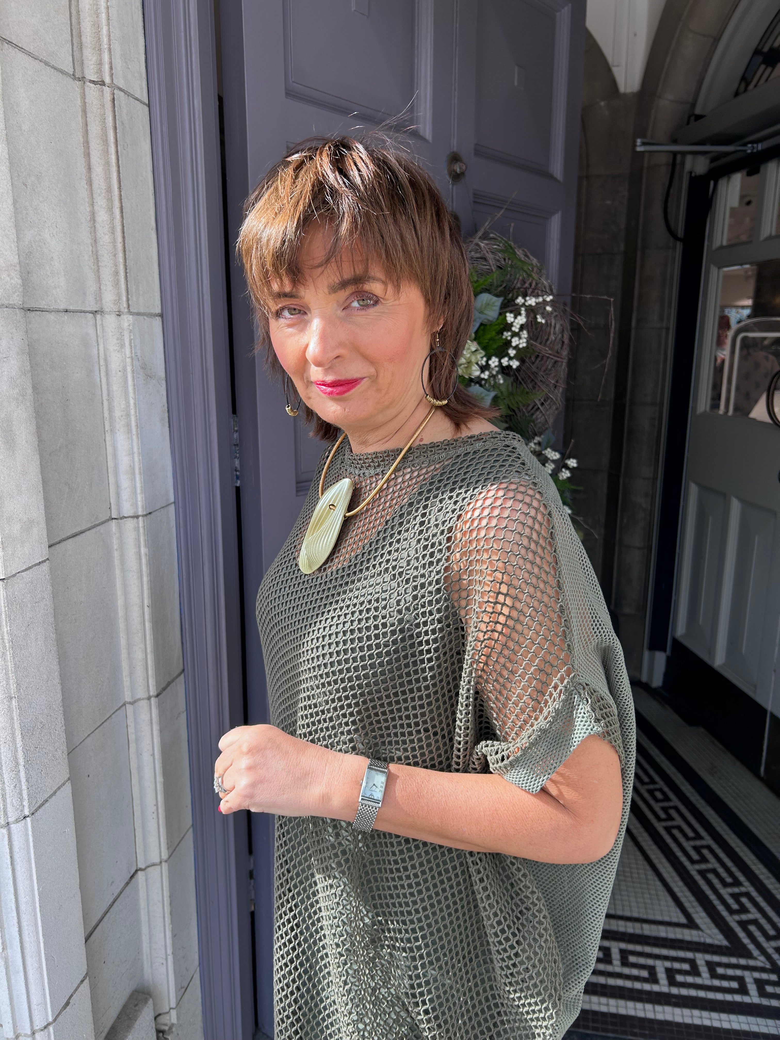 Seva Mesh Overlay Dress in Khaki