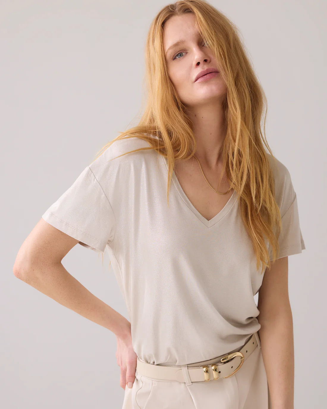 Metallic Coated V-Neck Top in Pebble Beige