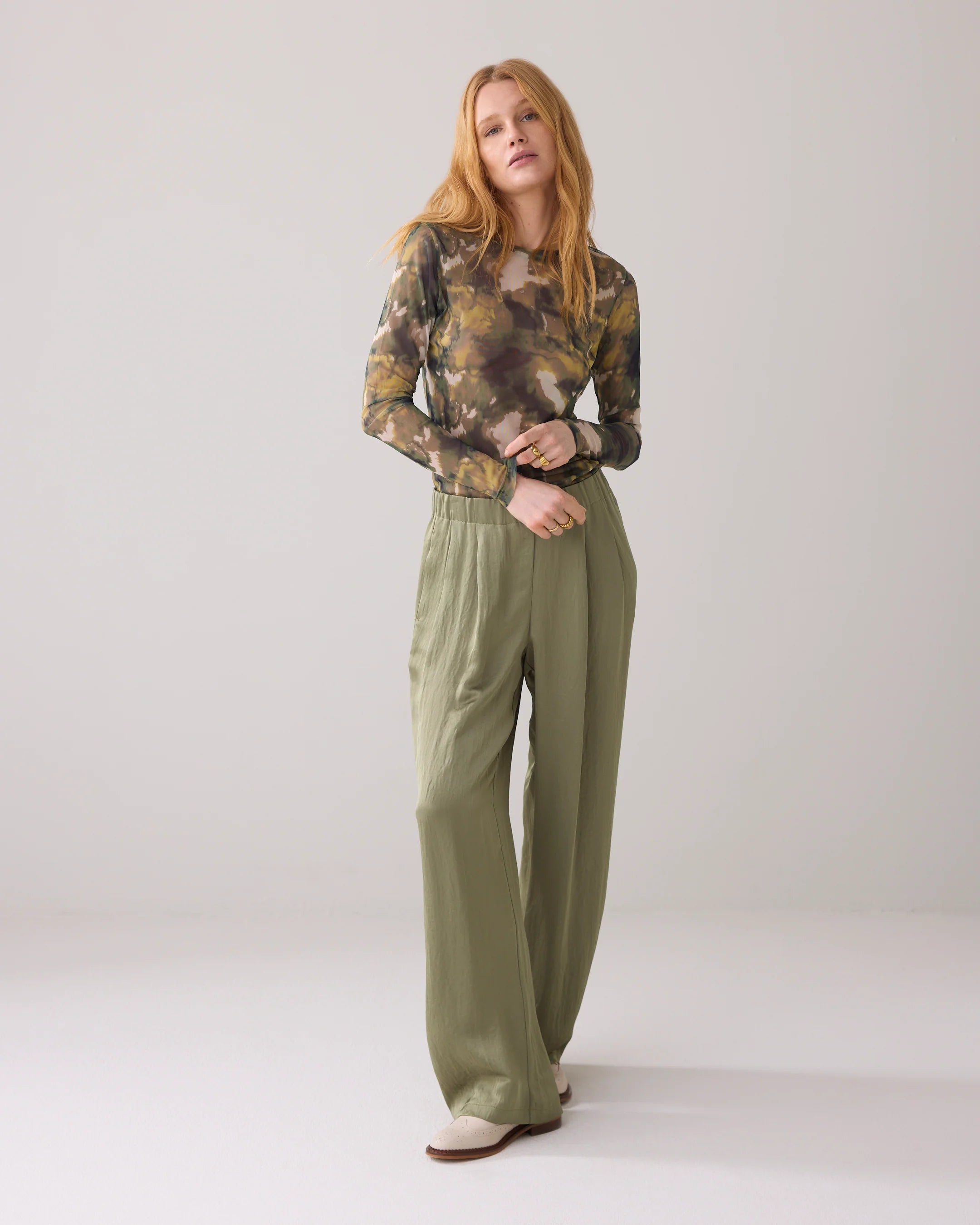 Faded Print Long Sleeve Top in Combat Green