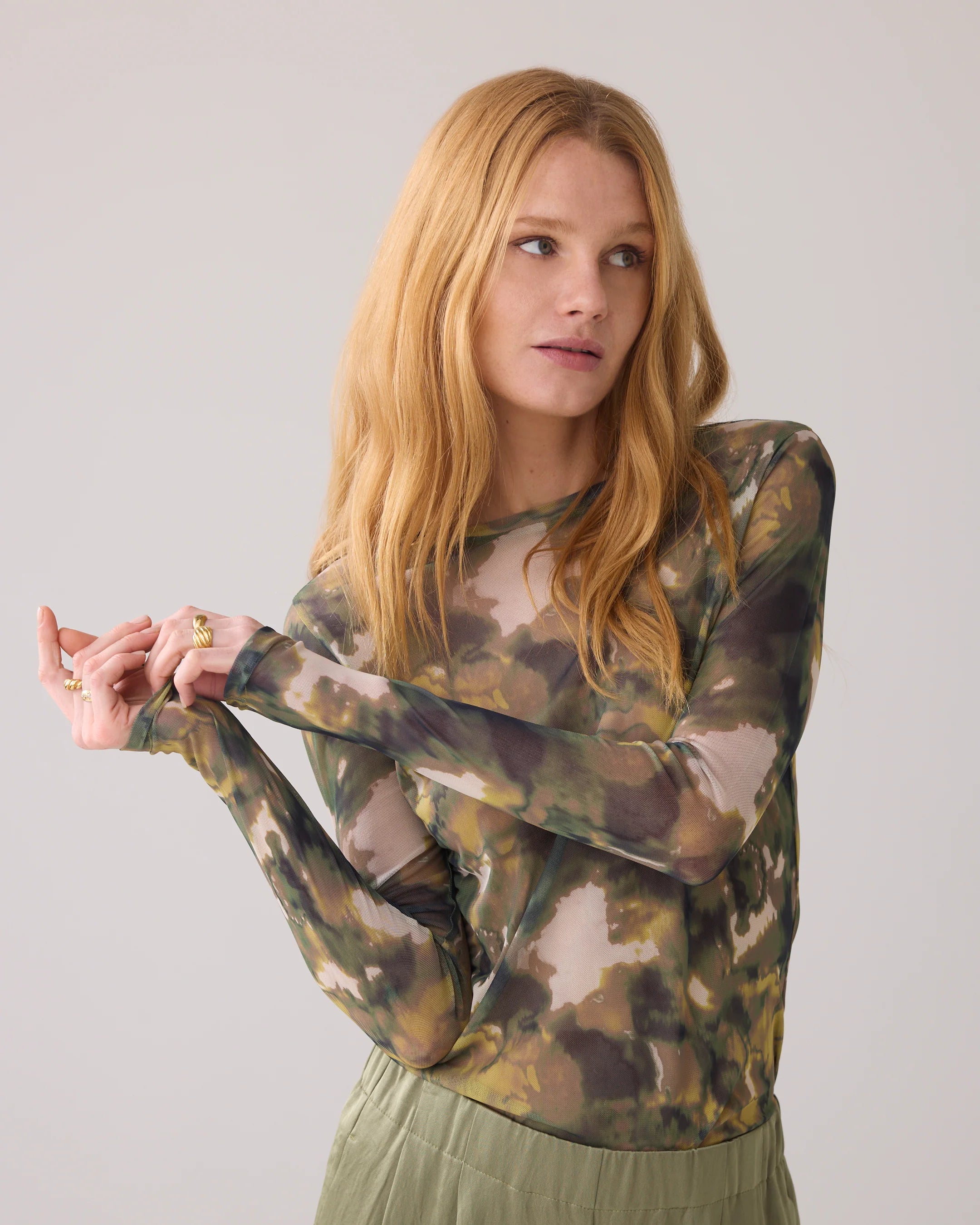 Faded Print Long Sleeve Top in Combat Green